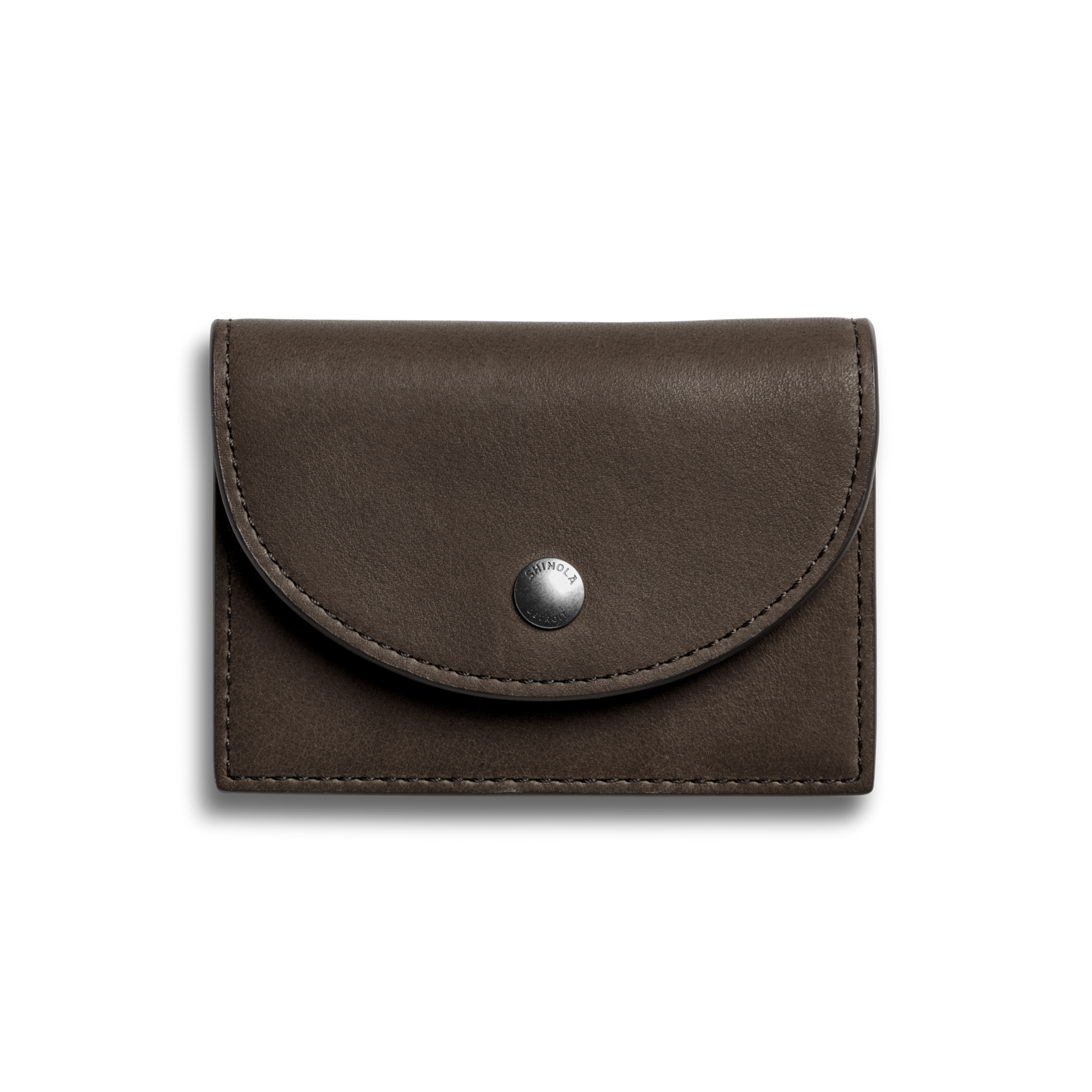 The Shinola Birdy Accordion Card Case Espresso is crafted from brown natural leather, has a flap closure with a silver snap button, and multiple card pockets, all presented against a plain white background.
