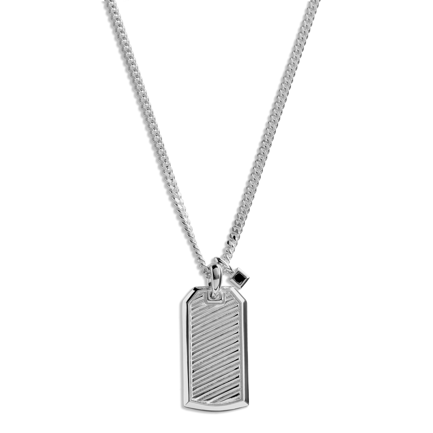 The Shinola Ribbed Tag Necklace is a sterling silver piece featuring a rectangular, ribbed tag pendant displayed on a white background.