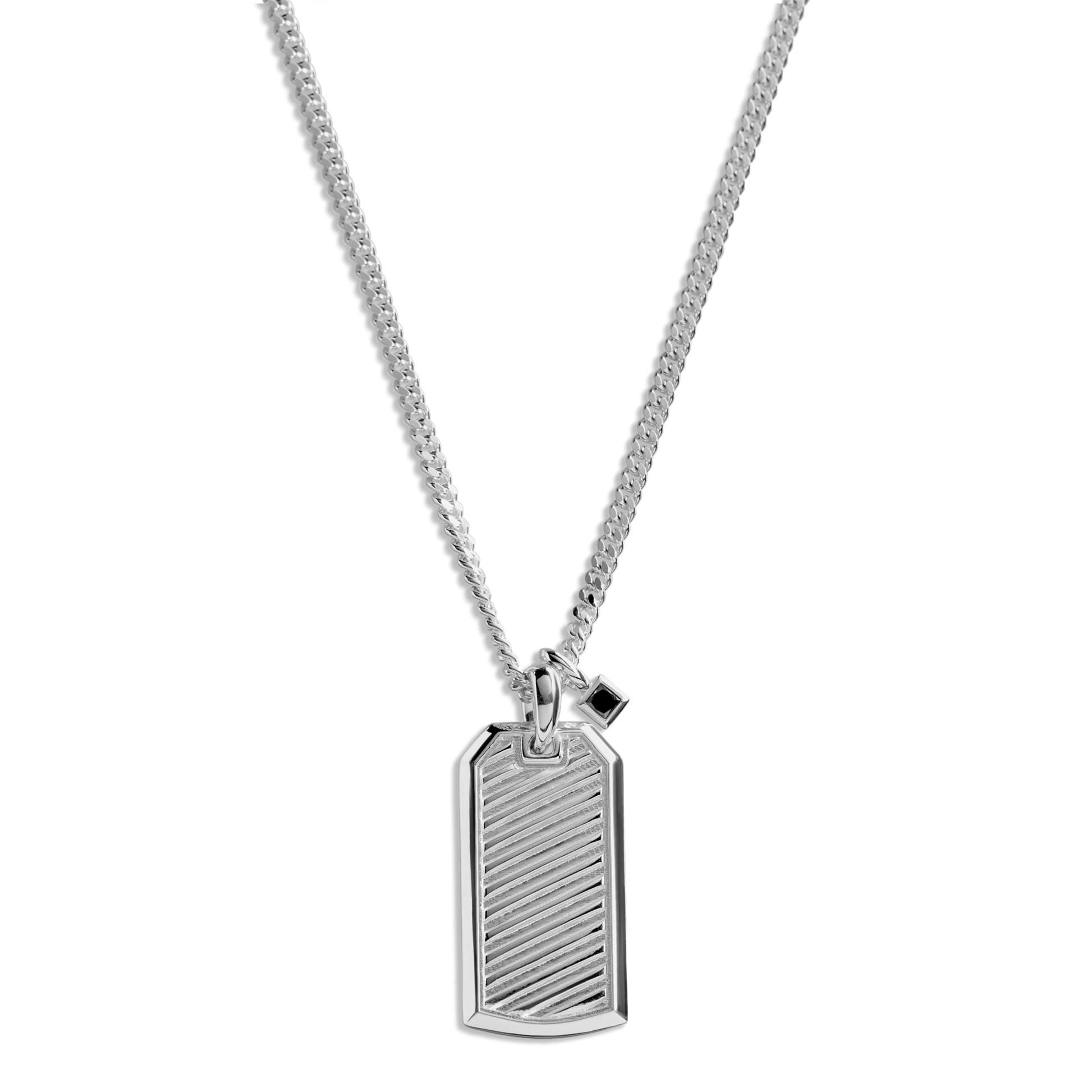 The Shinola Ribbed Tag Necklace is a sterling silver piece featuring a rectangular, ribbed tag pendant displayed on a white background.