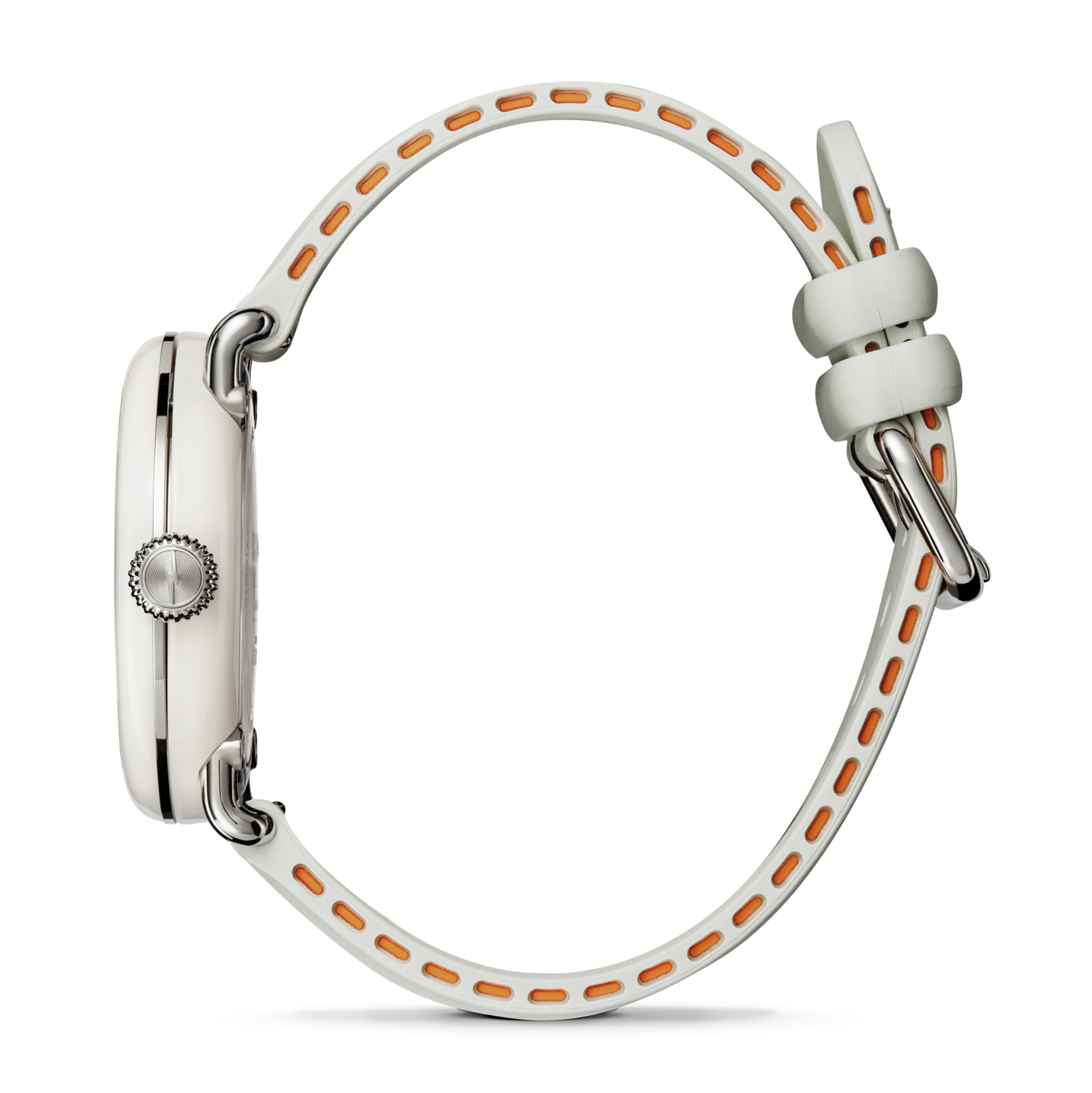 The Shinola Detrola Watch - Nude is shown in side profile with a round metal crown, white and orange perforated silicone strap, and silver buckle—its classic American design is inspired by the iconic Detrola watch.
