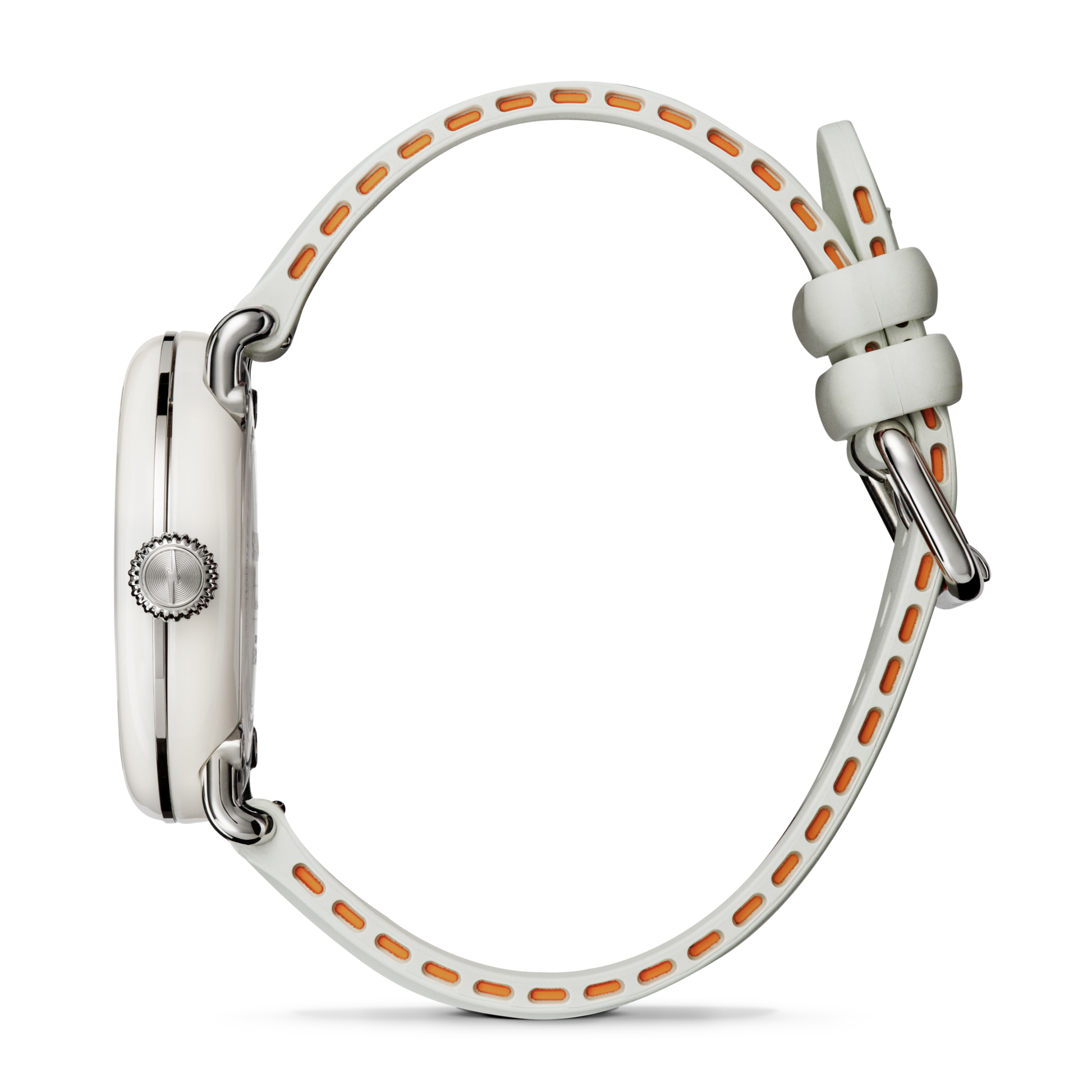 The Shinola Detrola Watch - Nude is shown in side profile with a round metal crown, white and orange perforated silicone strap, and silver buckle—its classic American design is inspired by the iconic Detrola watch.