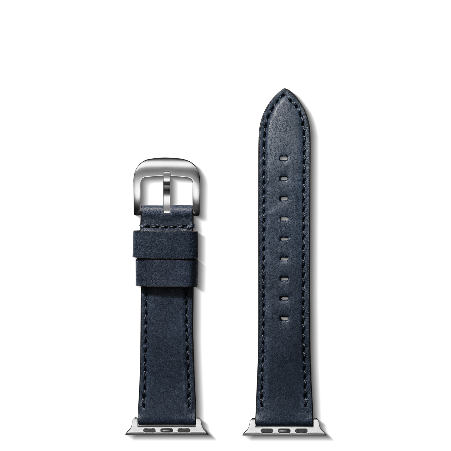The Shinola Strap: 20/18 Blarney, SW RR Classic, Silver - Navy is a dark blue leather watch band with silver hardware, shown in two pieces—one with a buckle and the other with adjustment holes on a white background.