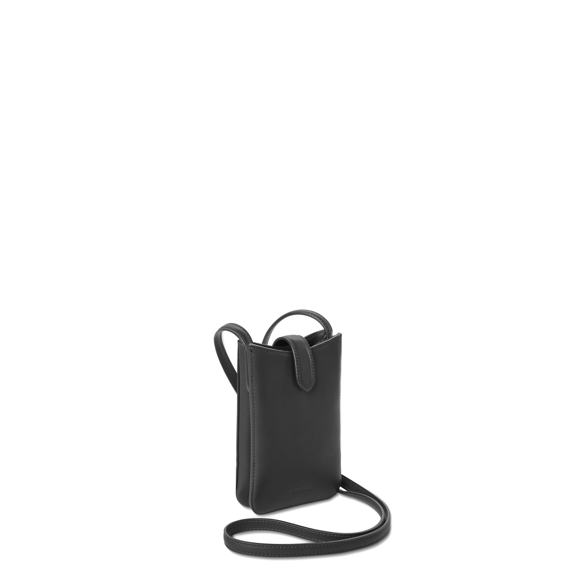 The Shinola Bixby Phone Crossbody - Black is a compact natural leather bag with a slim strap and flap closure, shown against a plain white background.