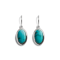 The Shinola Heirloom Drop Turquoise Earrings feature oval turquoise stones set in sterling silver frames with simple hooks, showcased on a white background.