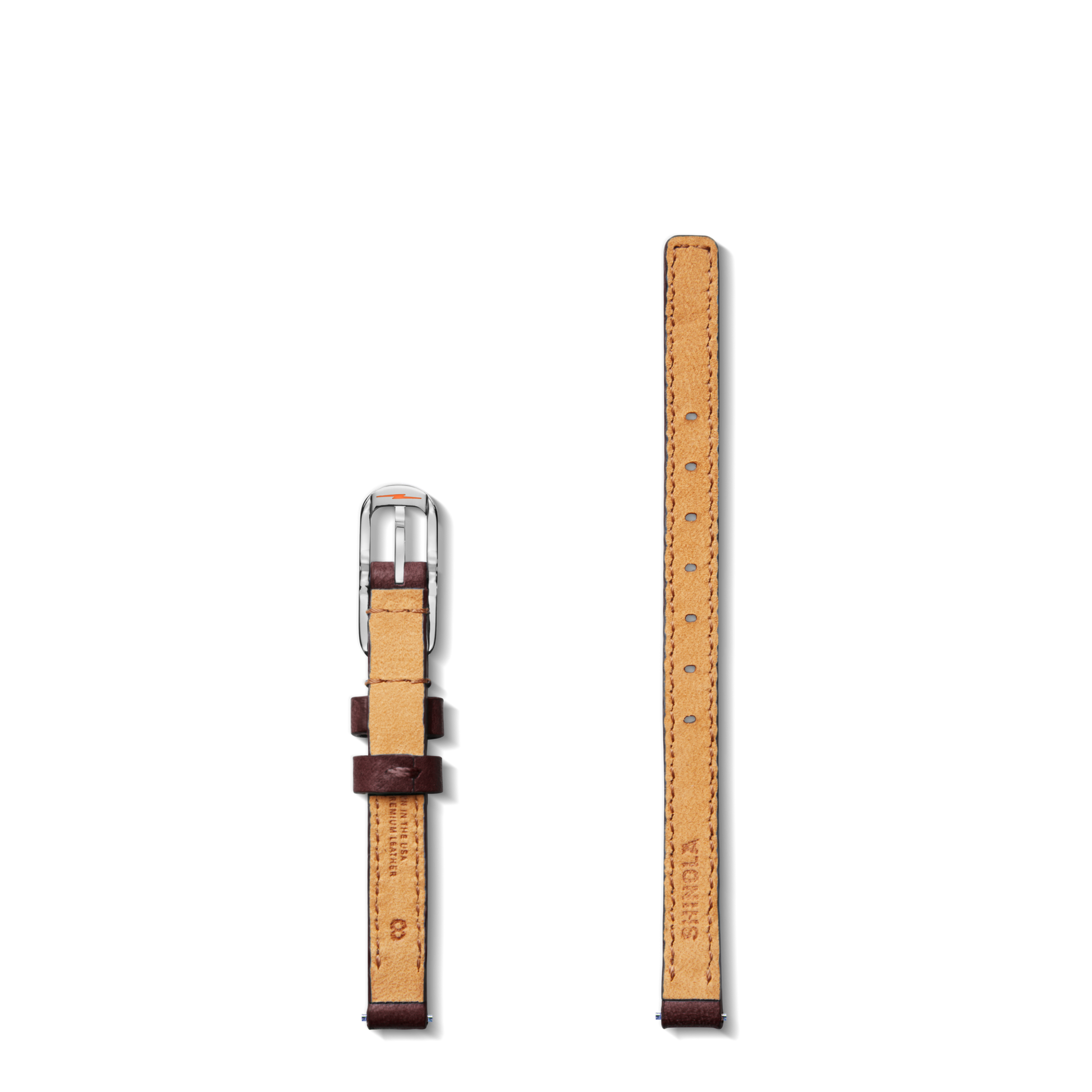 Two 8mm Merlot leather watch straps by Shinola are shown side by side on a white background—one displays a silver buckle, the other features multiple adjustment holes.