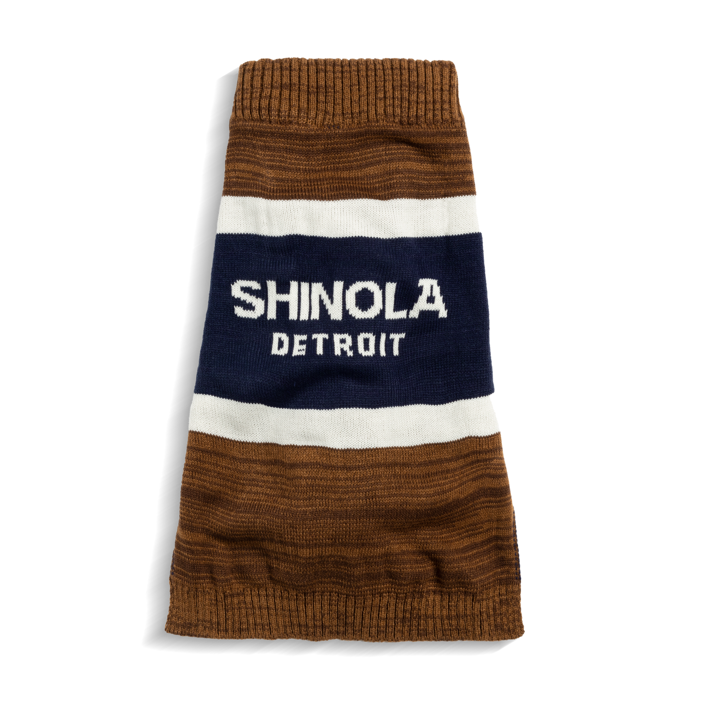 The Dog Sweater - Brand Stripe / Tan from Shinola features brown, white, and navy stripes with "Shinola Detroit" in white text on the central navy stripe.