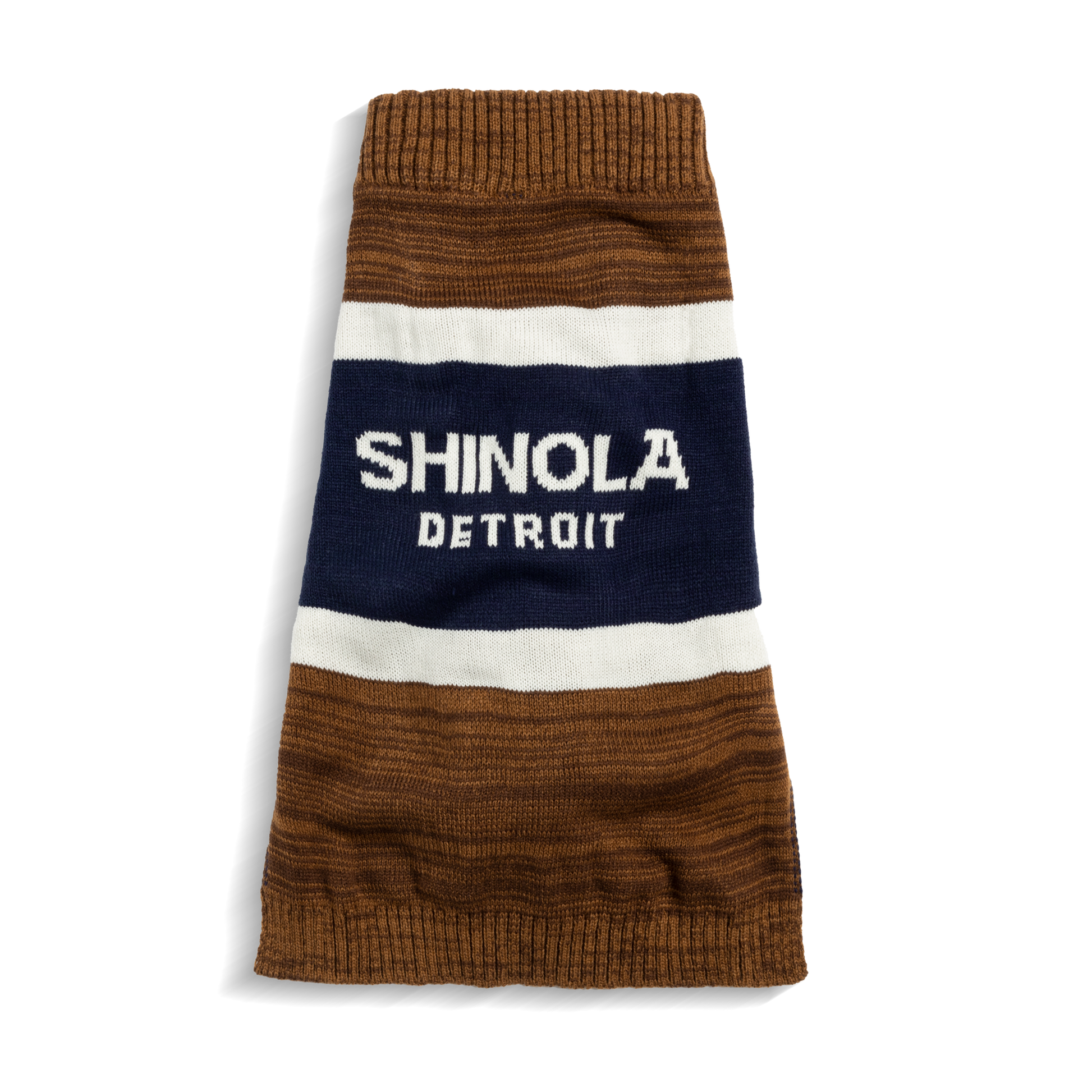 The Dog Sweater - Brand Stripe / Tan from Shinola features brown, white, and navy stripes with "Shinola Detroit" in white text on the central navy stripe.