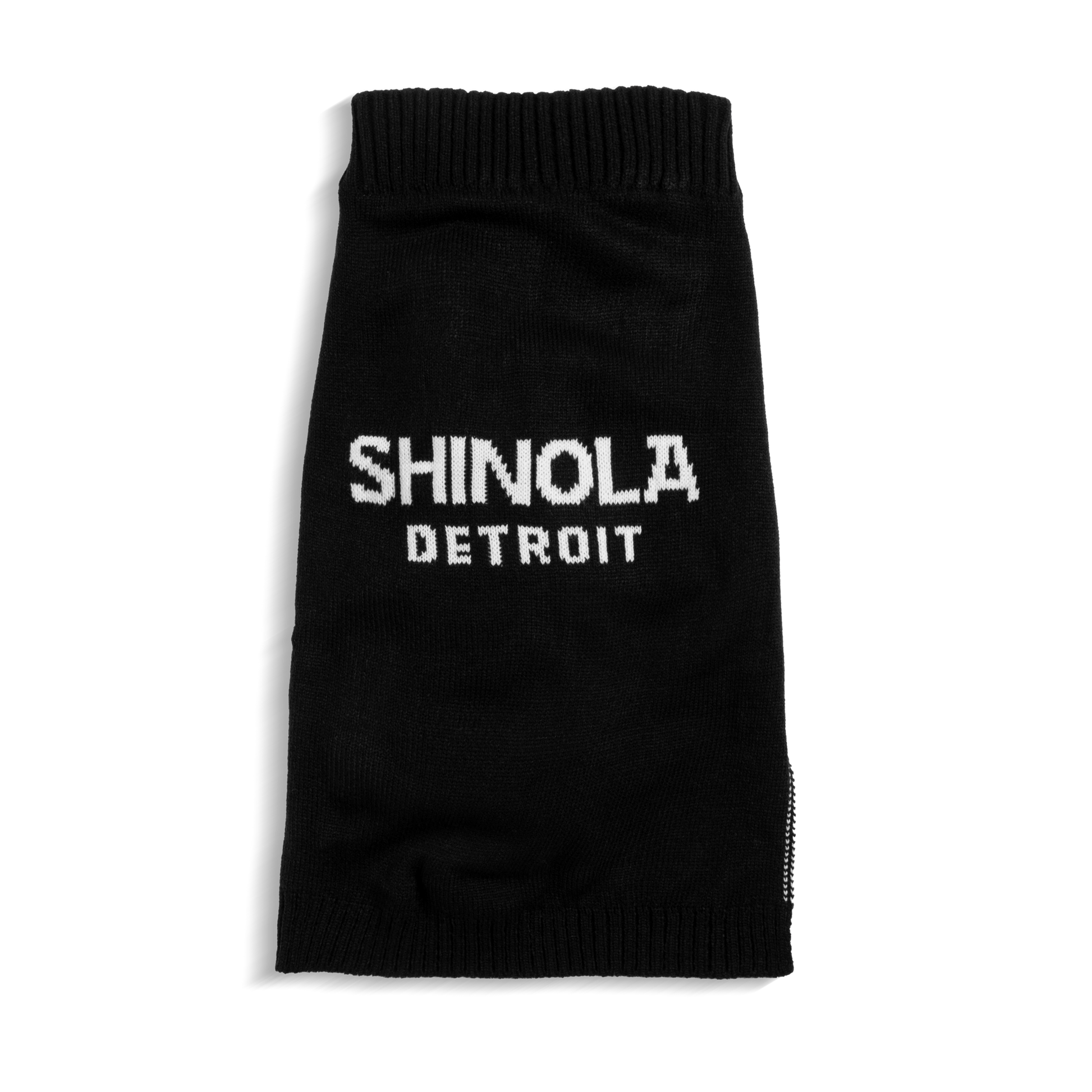 The Shinola Dog Sweater - Black is a cozy black pullover featuring bold white SHINOLA DETROIT text—ideal for stylish pups who love comfort.