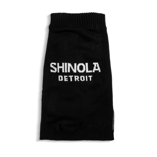 The Shinola Dog Sweater - Black is a cozy black pullover featuring bold white SHINOLA DETROIT text—ideal for stylish pups who love comfort.