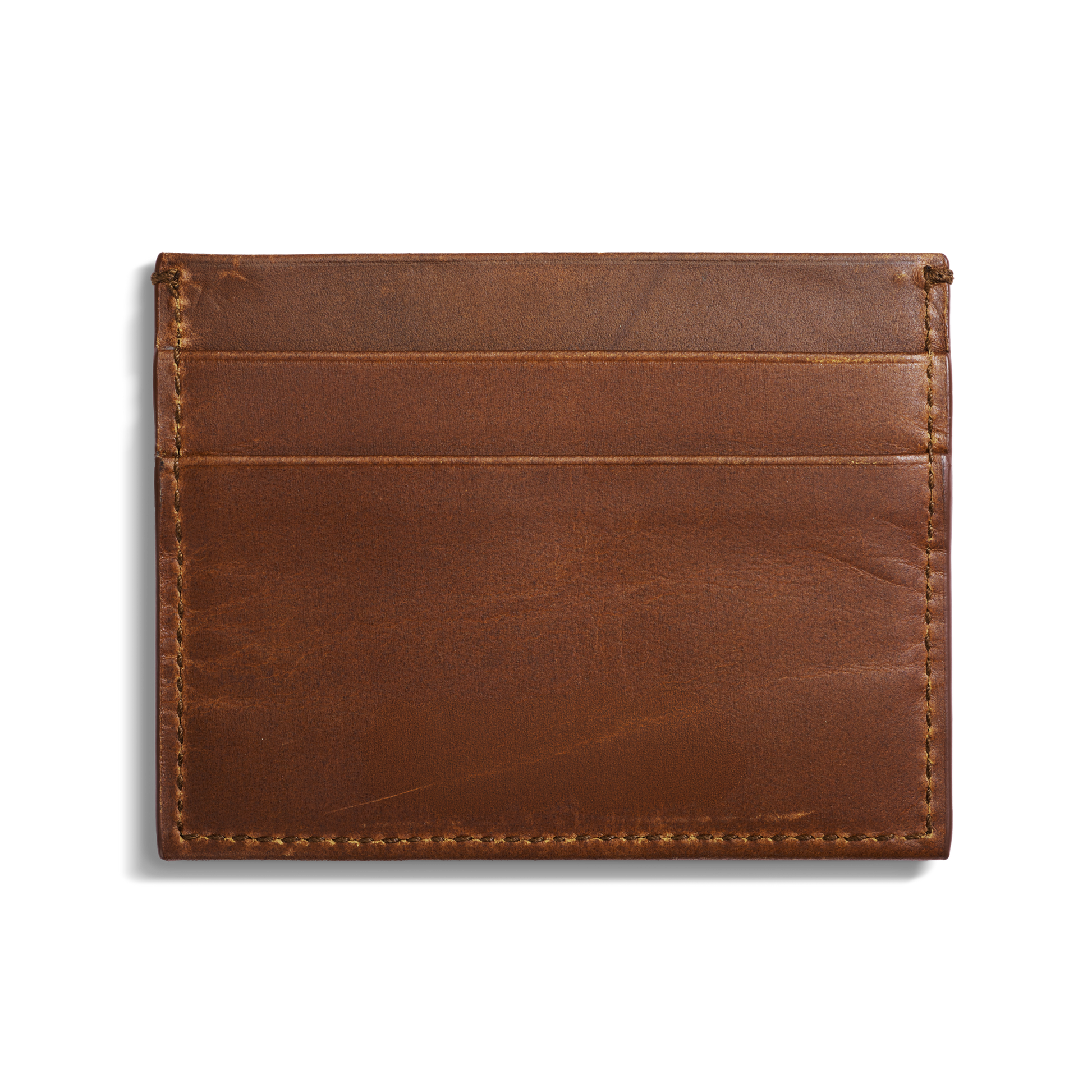 The Shinola 5 Pocket Card Holder in medium brown leather features RFID protection, two card slots, visible edge stitching, and is shown against a white background.