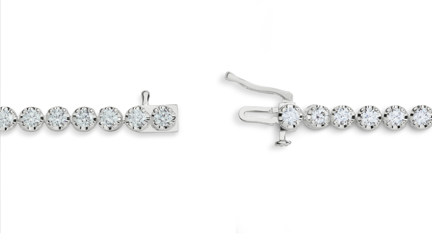 A close-up of the Shinola 4 Carat 7" Diamond Tennis Bracelet in white gold, shown open with its clasp. The bracelet features round brilliant cut diamonds set in white gold.