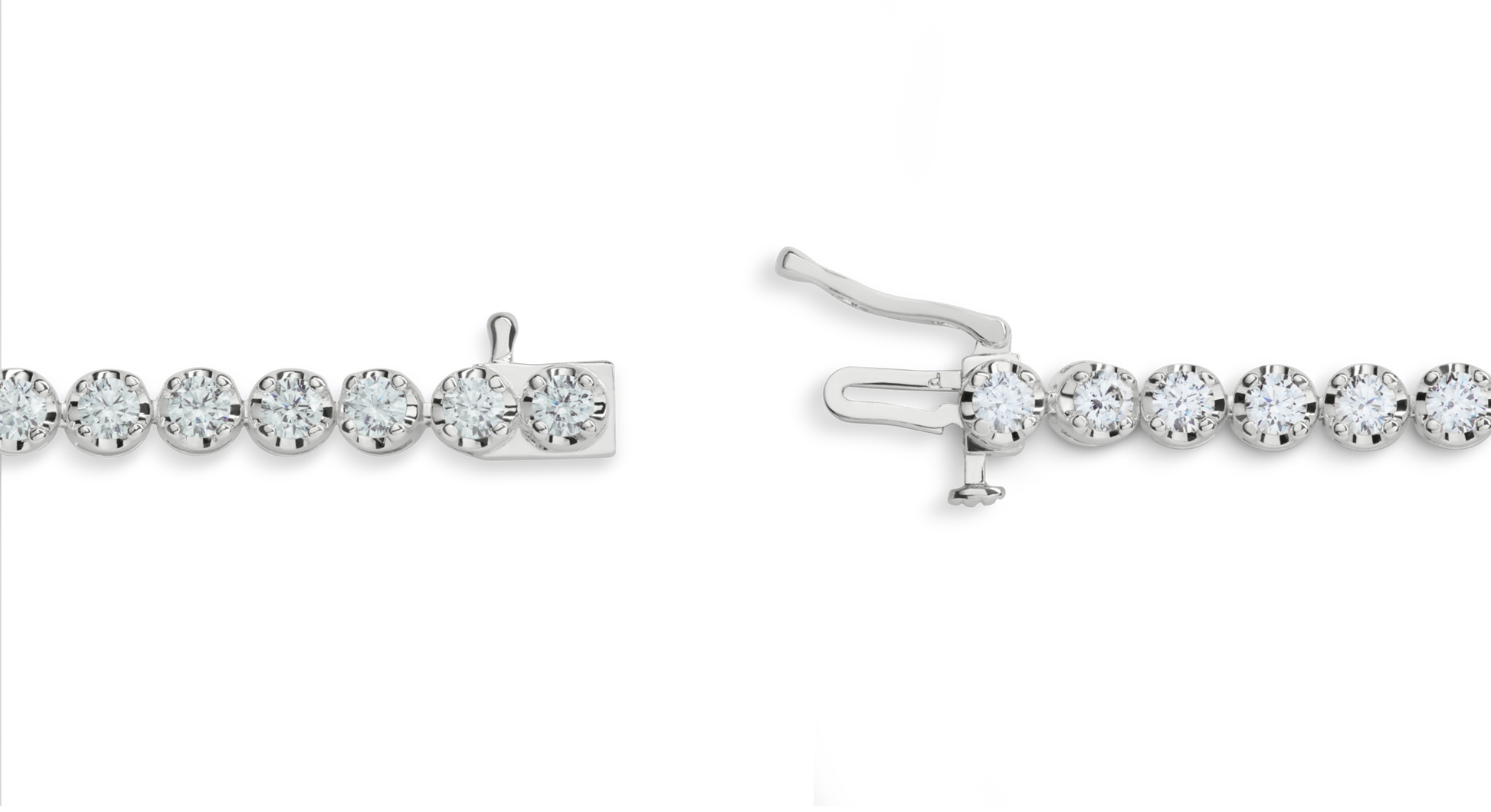 A close-up of the Shinola 4 Carat 7" Diamond Tennis Bracelet in white gold, shown open with its clasp. The bracelet features round brilliant cut diamonds set in white gold.