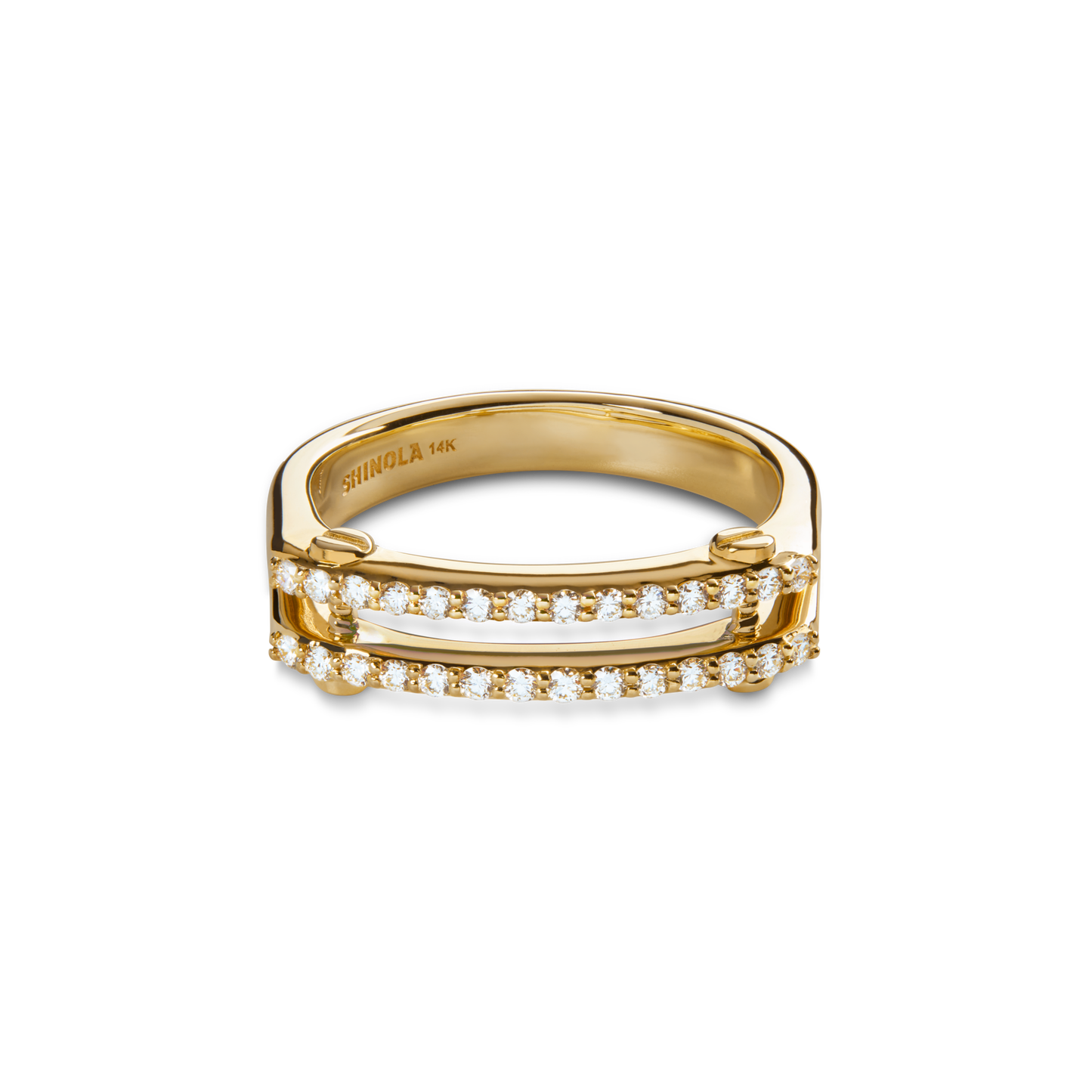 The Diamond Pave Rivet Double Row Ring by Shinola features two parallel rows of sparkling diamonds set in classic 14k yellow gold, with the Shinola brand engraved inside.