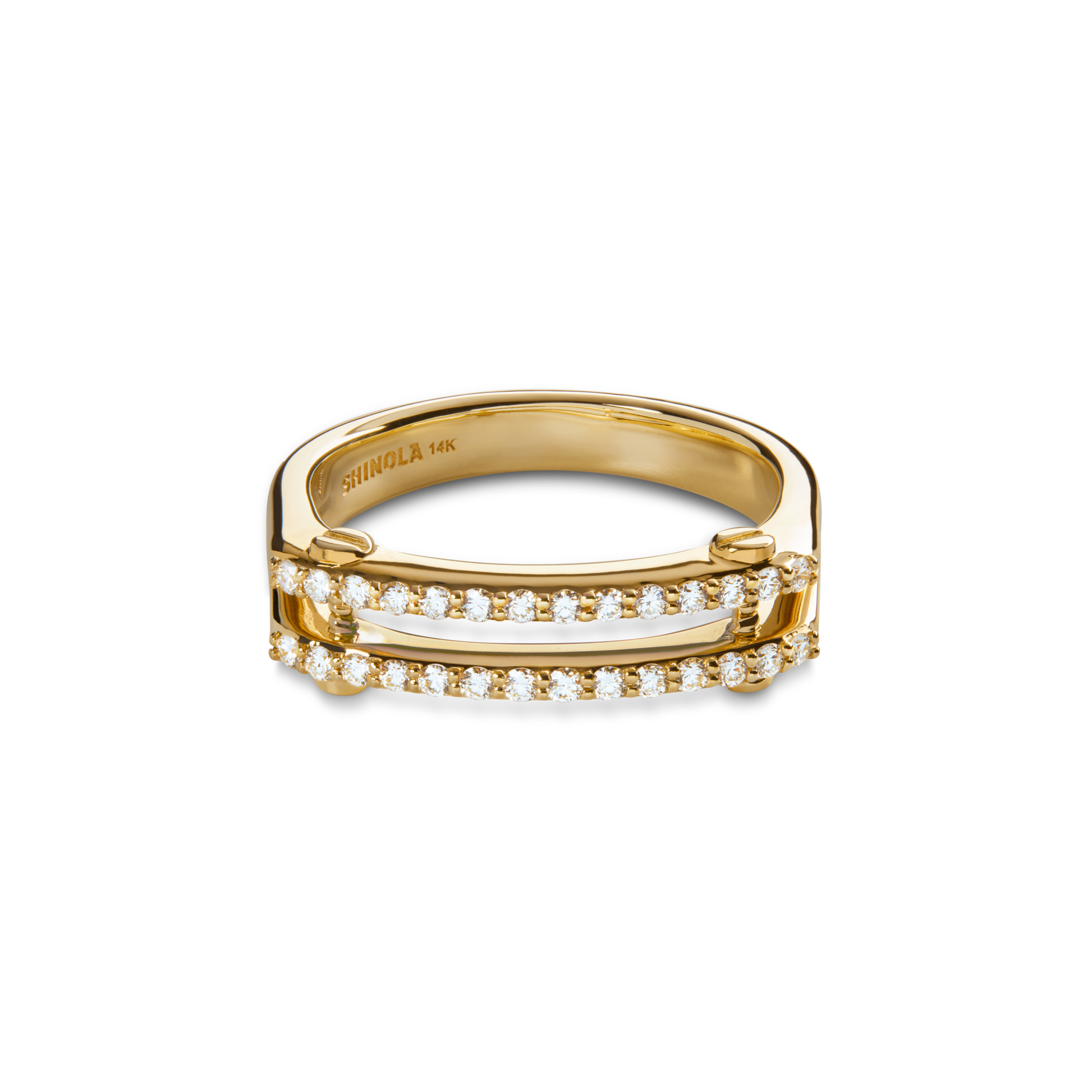 The Diamond Pave Rivet Double Row Ring by Shinola features two parallel rows of sparkling diamonds set in classic 14k yellow gold, with the Shinola brand engraved inside.