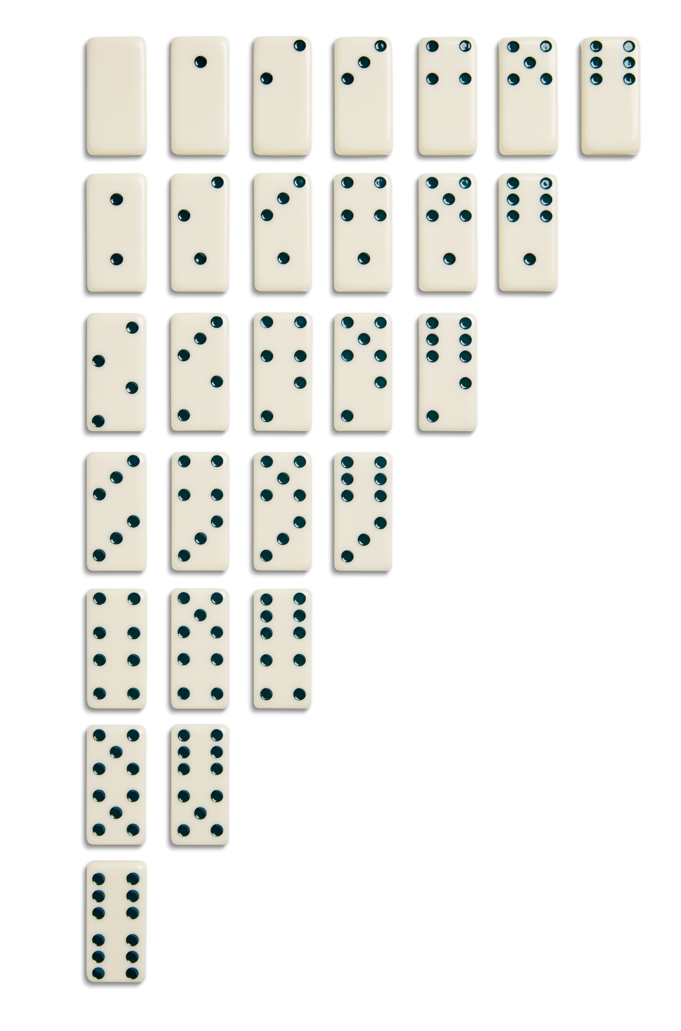 The Shinola Dominoes Set - Cream / Blue features 28 hand-painted dominoes arranged in a right-angle triangle, showcasing all unique combinations from double blank to double six on a crisp white background.