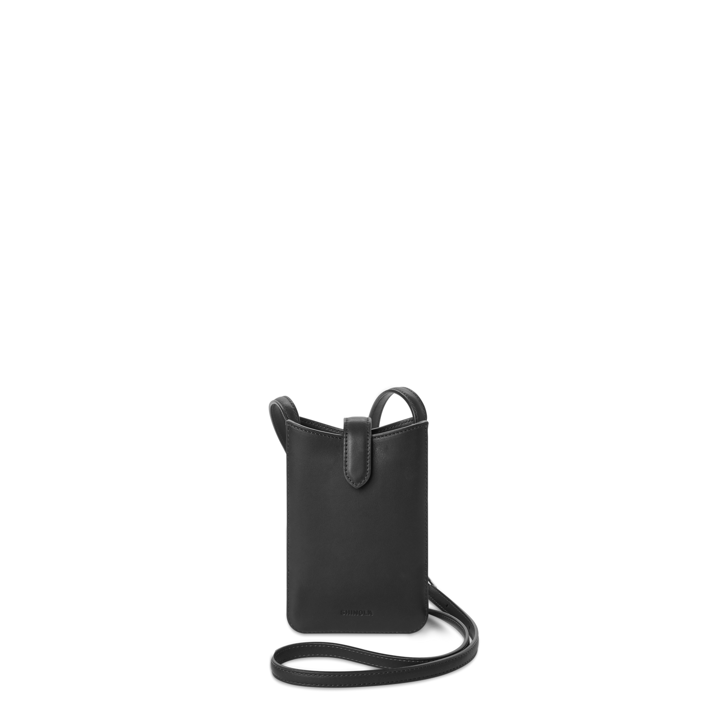 The Shinola Bixby Phone Crossbody - Black is a compact natural leather bag with a slim strap and minimalist design, shown standing upright against a white background.