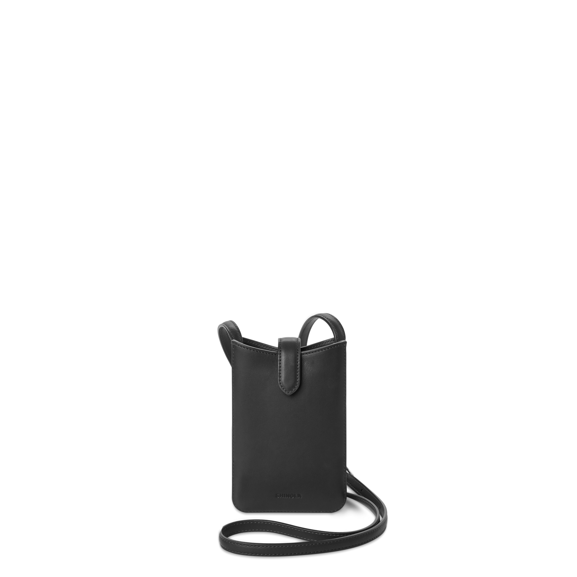 The Shinola Bixby Phone Crossbody - Black is a compact natural leather bag with a slim strap and minimalist design, shown standing upright against a white background.