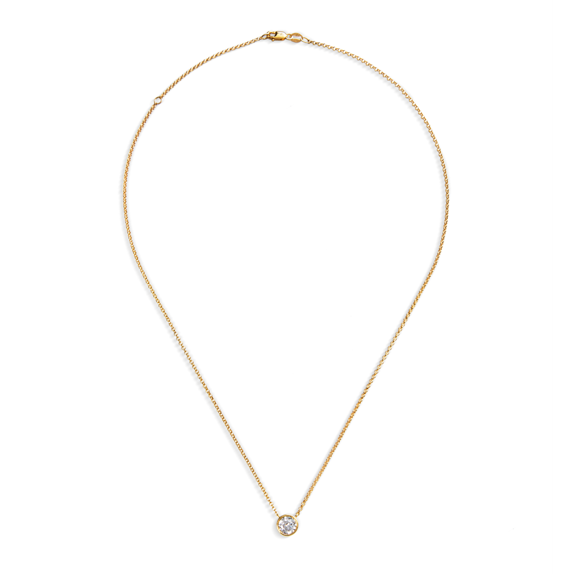 The Shinola 1 Carat Round Diamond Necklace in yellow gold features a small, round, ethically sourced diamond pendant bezel set at the center. Shown on a white background.