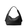 The Shinola Medium Derby Shoulder Bag - Black is crafted from natural grain leather with a wide, curved strap, zip closure, and a soft, slouchy shape, shown against a plain white background.