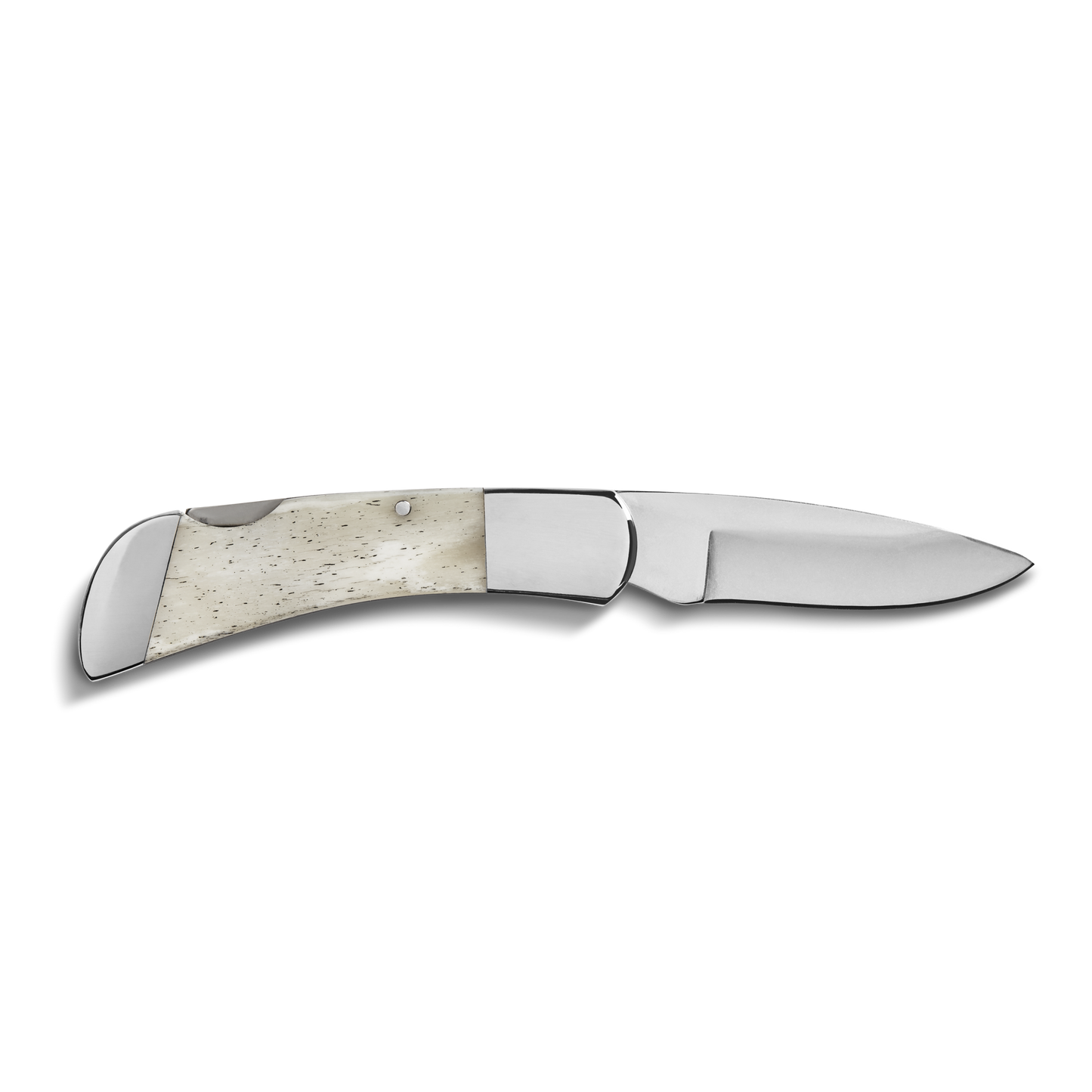 The Shinola + Bear & Son Pocket Knife features a lock back design, a polished 440 stainless steel blade, and a handle with a light speckled ivory-colored inlay, shown against a plain white background.