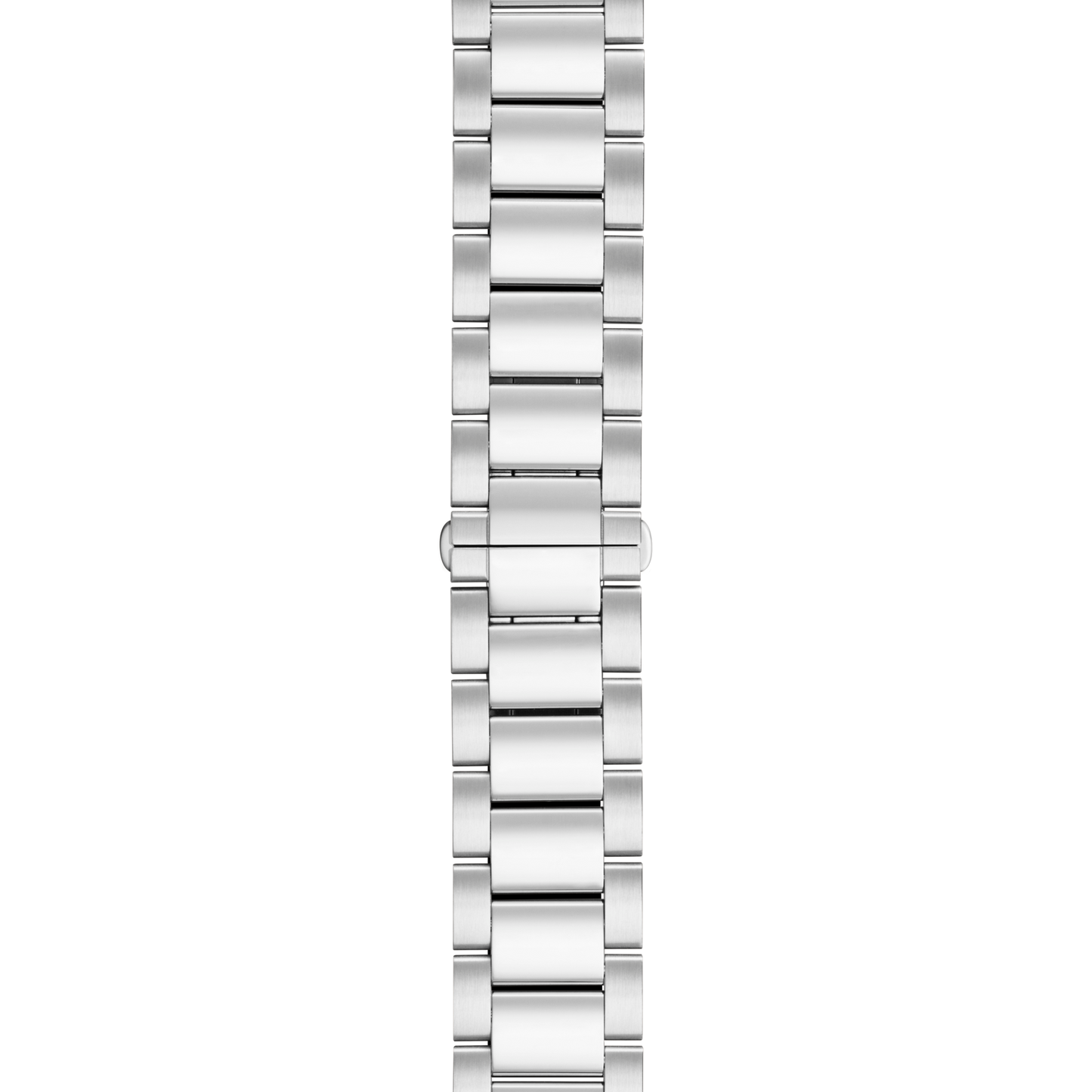 A close-up of the Shinola 18mm Stainless Steel 3-Link Bracelet, featuring rectangular links, shown vertically against a white background.