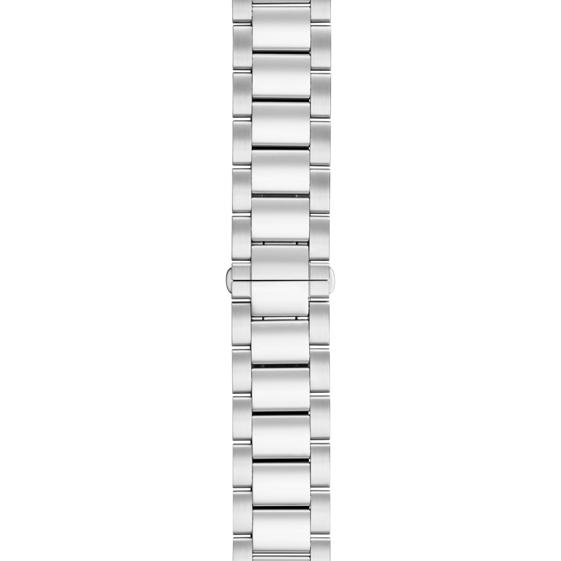 A close-up of the Shinola 18mm Stainless Steel 3-Link Bracelet, featuring rectangular links, shown vertically against a white background.