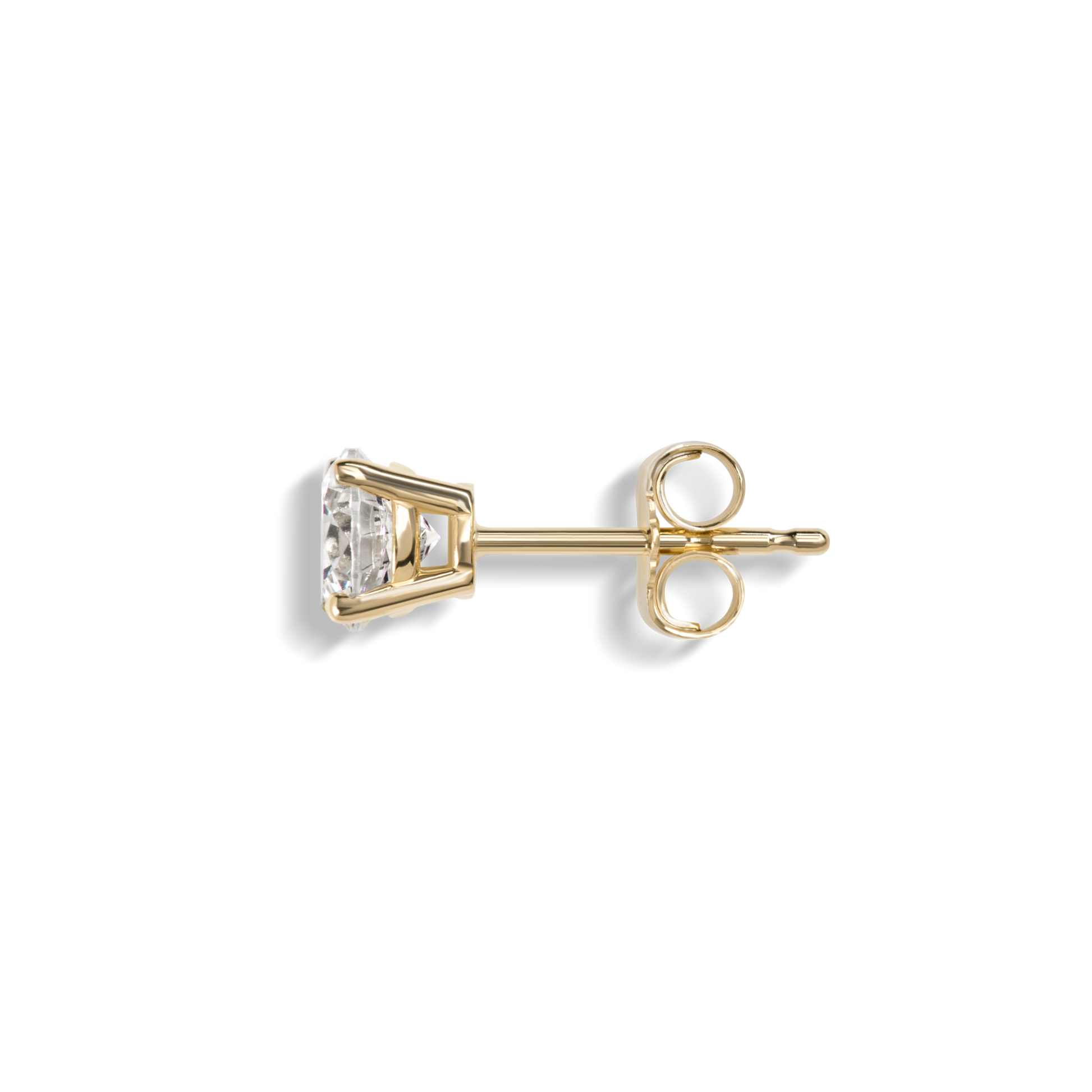 The Shinola 1 Carat Round Diamond Studs in yellow gold feature a clear round diamond in a prong setting, shown from the side on a white background—a timeless choice for classic earring lovers.