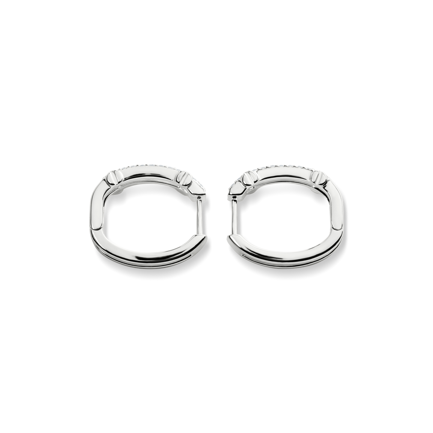A pair of Shinola Diamond Pave Rivet Double Row Hoop Earrings in white gold, featuring a polished finish and secure latch closure, displayed on a plain white background.