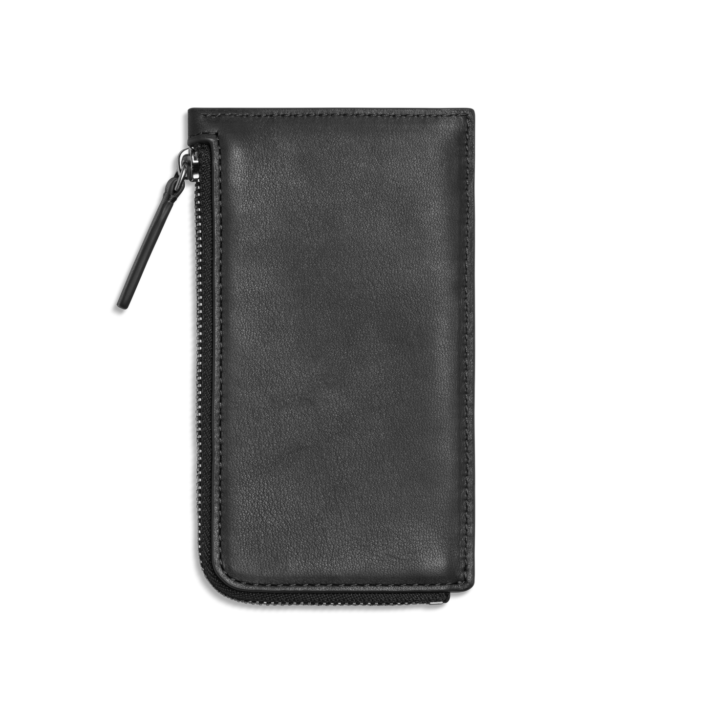 The Shinola Continental Zip Wallet - Black, made from natural grain leather, features a zipper along the left and bottom edges and is shown closed against a plain white background.
