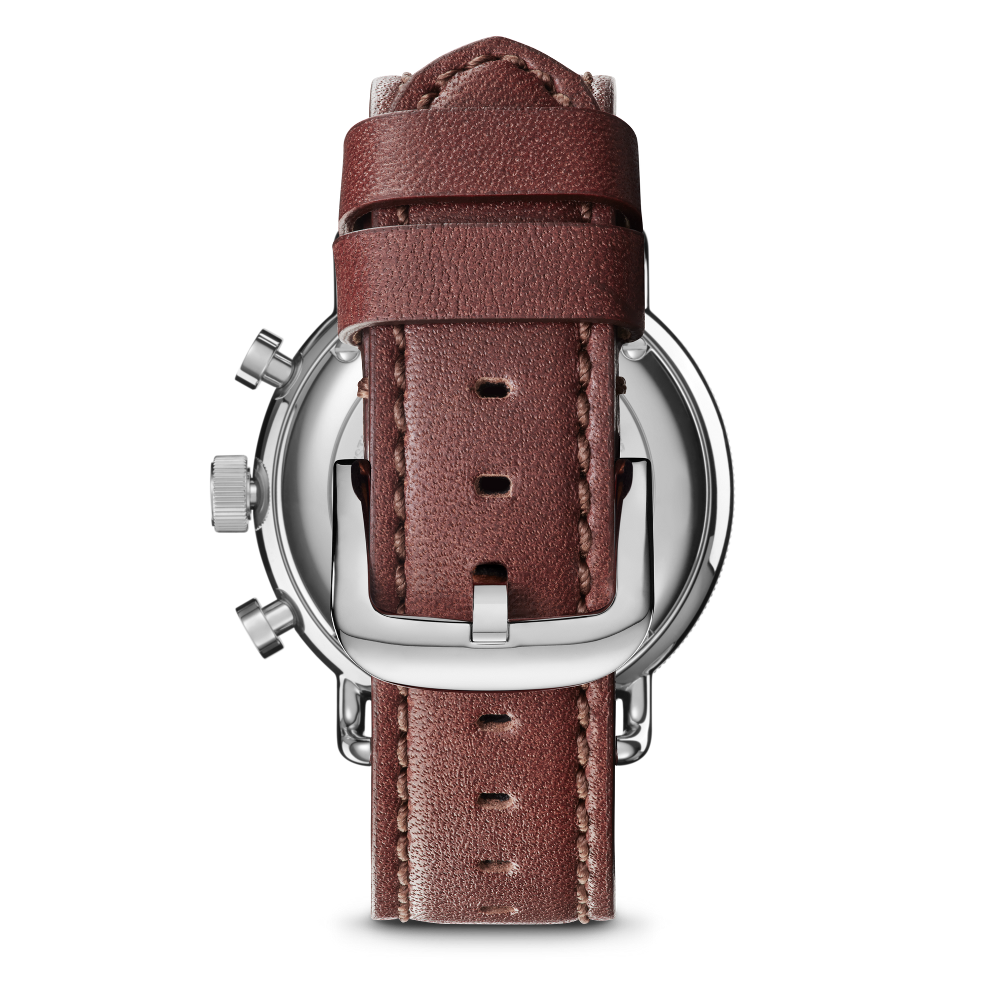 A close-up of the Shinola Canfield Sport Chronograph Watch - Midnight Blue shows its brown leather strap with white stitching and a silver buckle, displayed vertically against a plain white background.