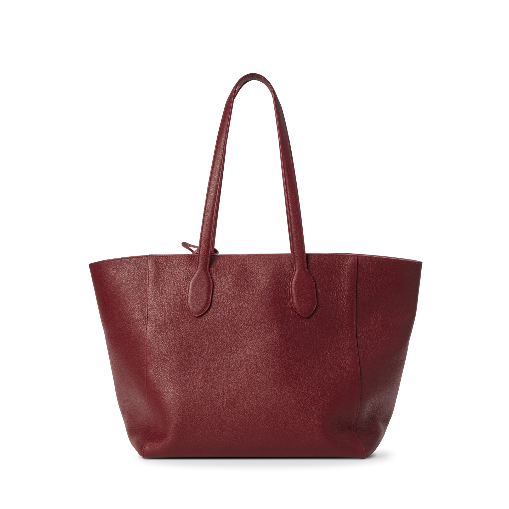 The Shinola Runabout Tote Bag - Ruby is a spacious, deep red pebbled leather tote with two long handles and a matching zipper pouch, displayed against a plain white background.