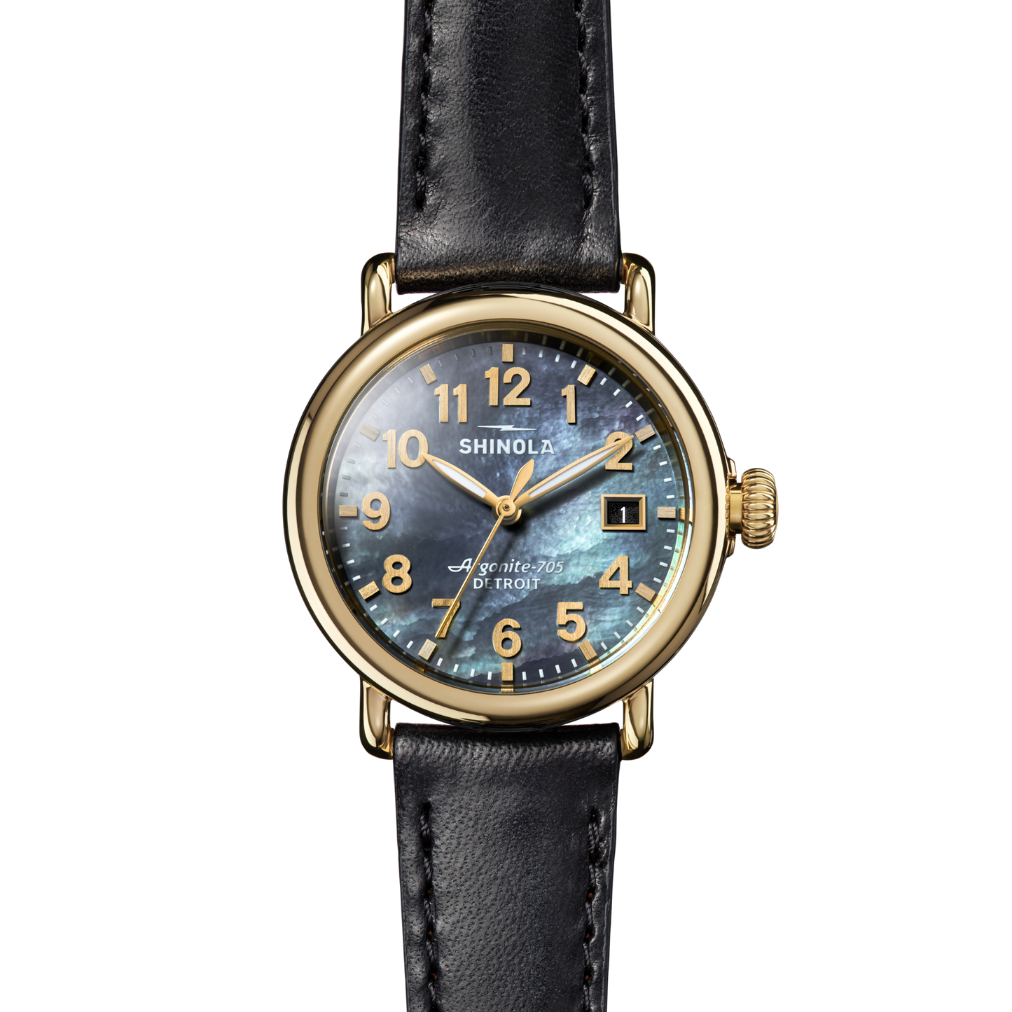 The Shinola Runwell Watch features a gold-toned stainless steel case, a black and blue marbled Mother-of-Pearl dial with gold numerals and hands, date window, "SHINOLA" and "Argonite 705, Detroit" text, and a black leather strap.