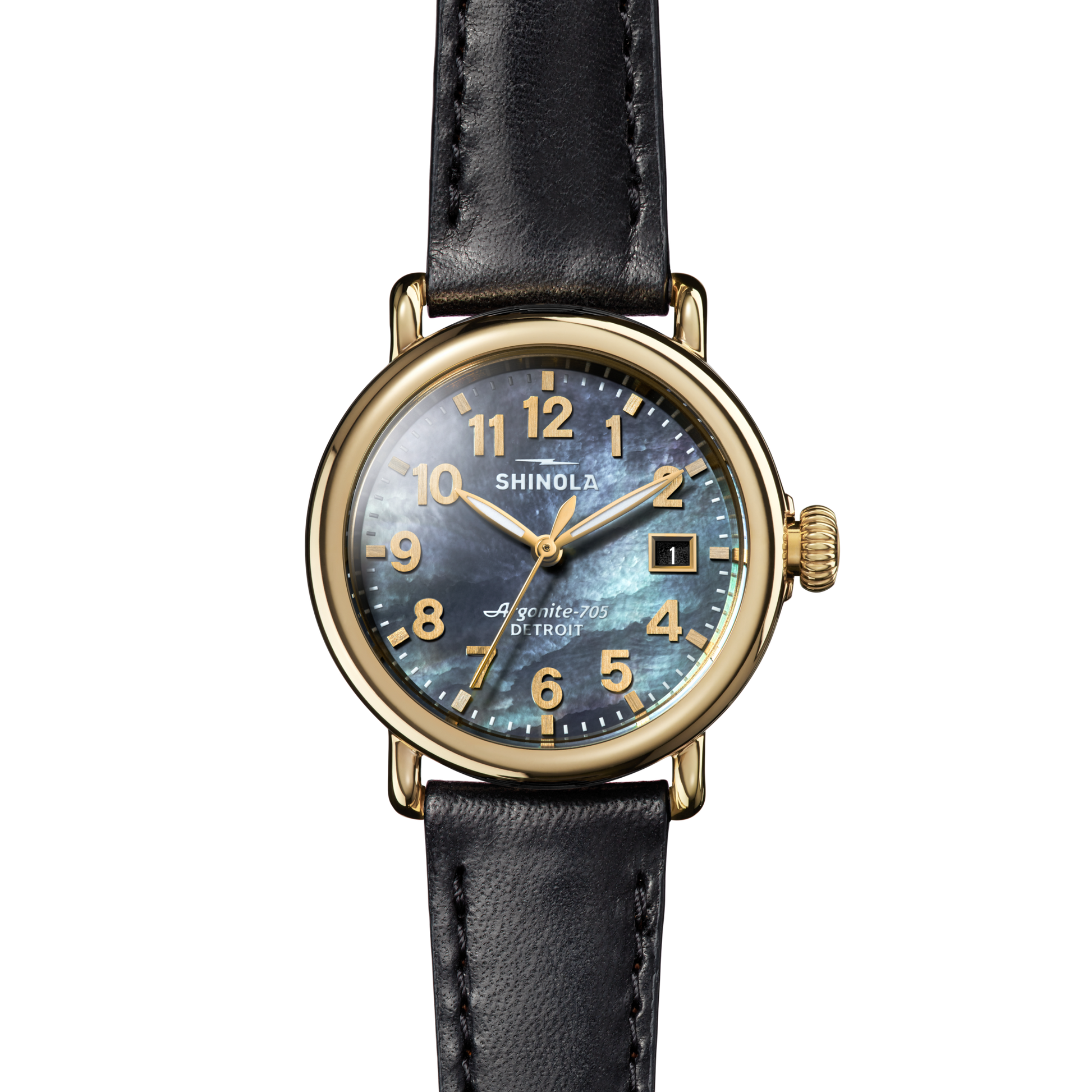 The Shinola Runwell Watch features a gold-toned stainless steel case, a black and blue marbled Mother-of-Pearl dial with gold numerals and hands, date window, "SHINOLA" and "Argonite 705, Detroit" text, and a black leather strap.