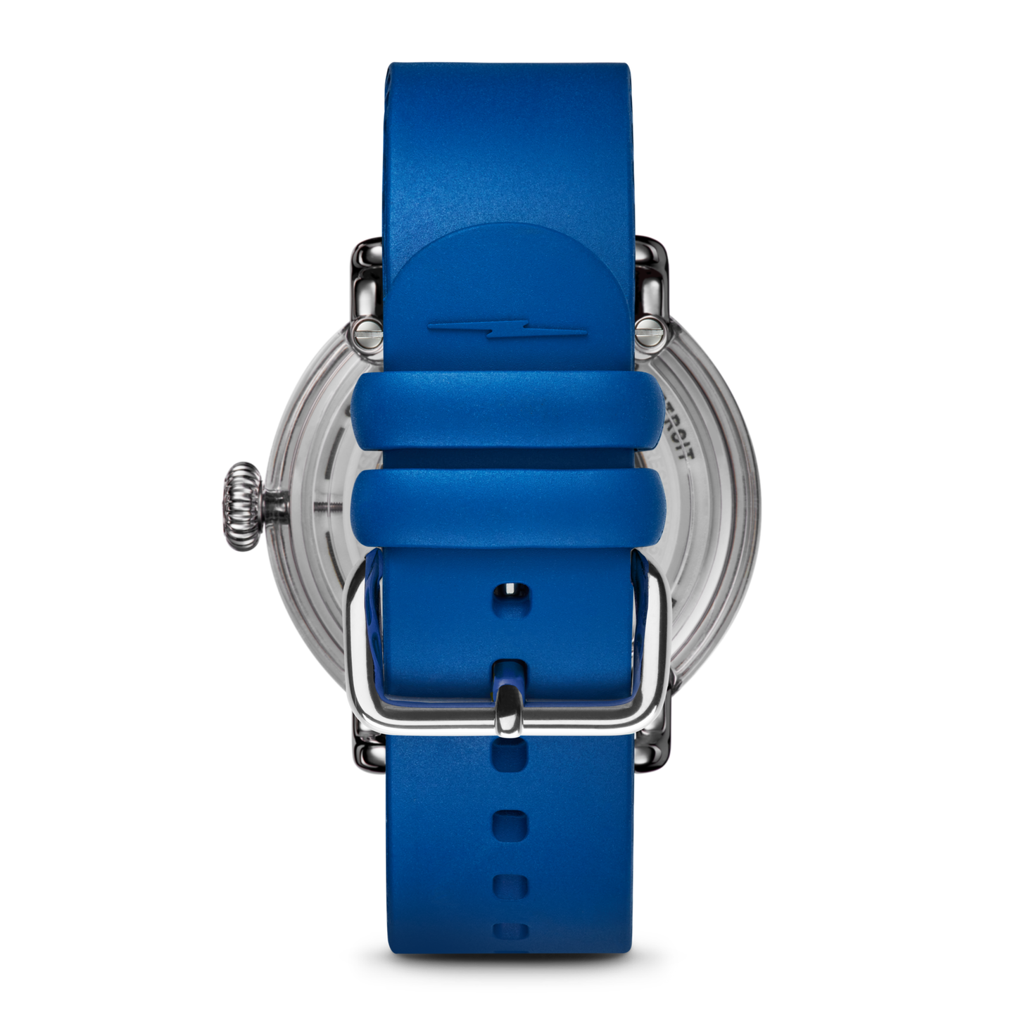 A close-up of the Shinola Detrola Watch - Denim Blue highlights its bright blue silicone strap, silver buckle, transparent case back, and left-side crown—an eye-catching American-designed timepiece.
