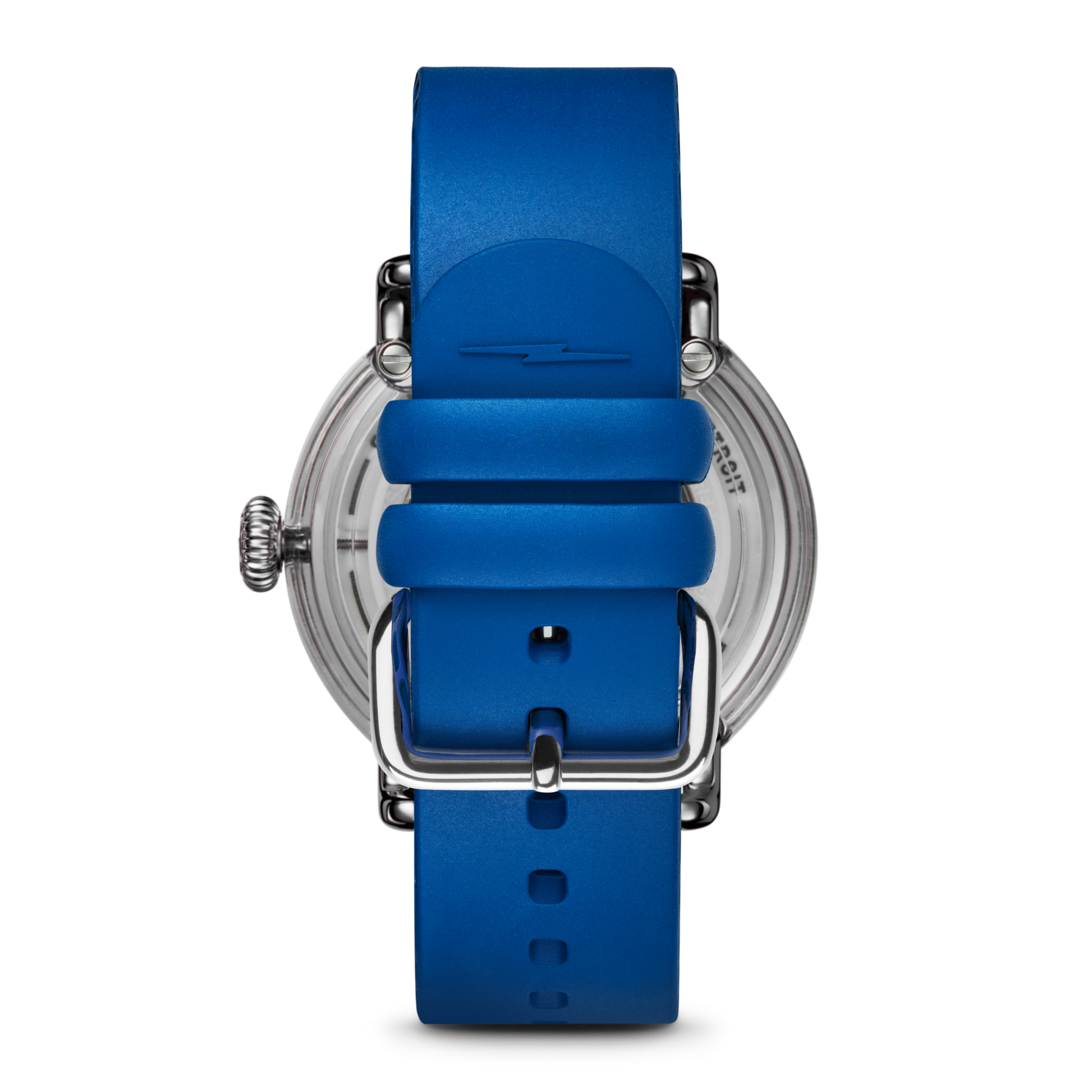 A close-up of the Shinola Detrola Watch - Denim Blue highlights its bright blue silicone strap, silver buckle, transparent case back, and left-side crown—an eye-catching American-designed timepiece.