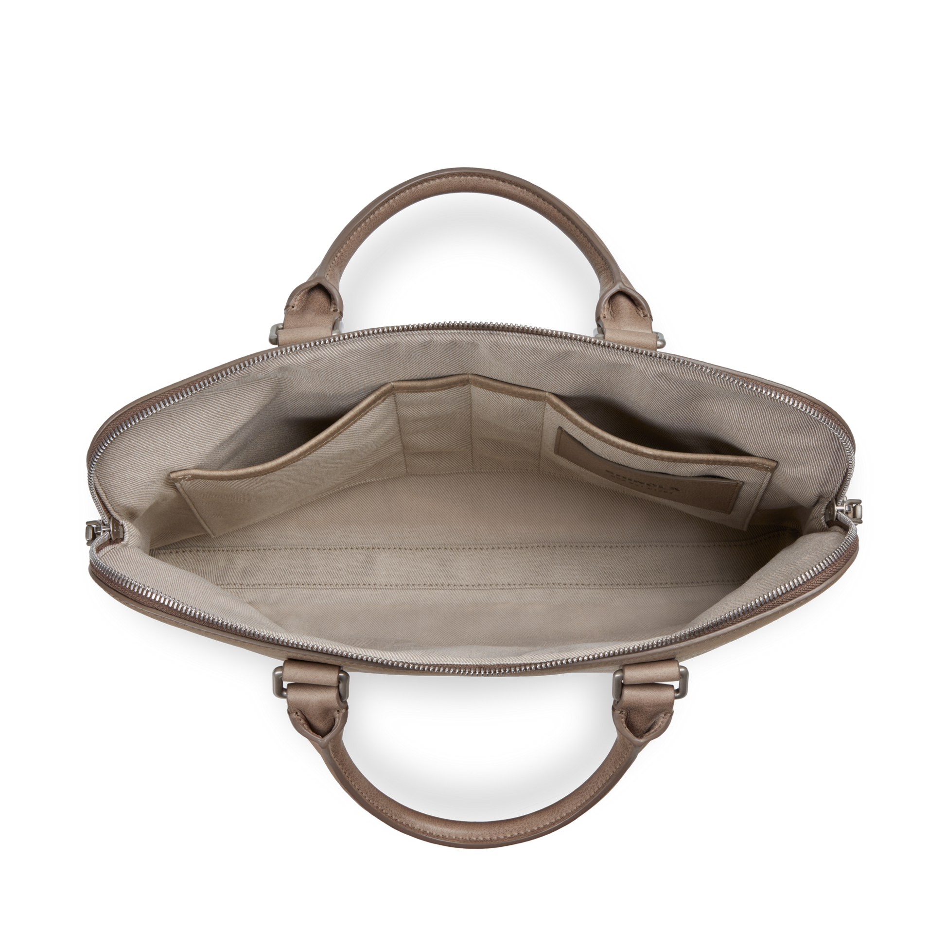 Top view of Shinola’s Portfolio Briefcase - Stone: an open leather bag with two handles, featuring a spacious beige interior, multiple pockets, zippered section, and card slots—ideal as a slim laptop briefcase.