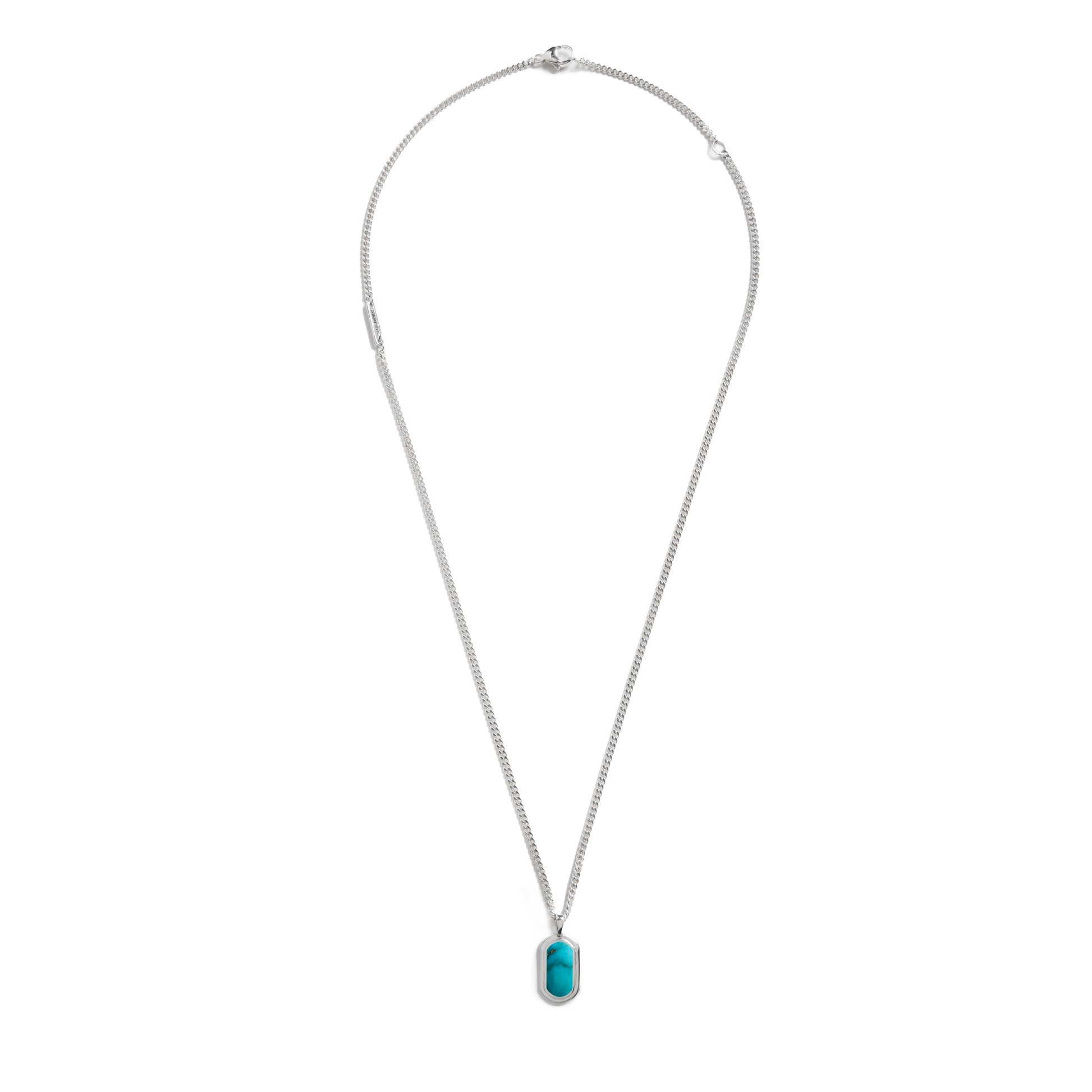 The Shinola Turquoise Inlay Tag Necklace features a rectangular turquoise pendant set in a sleek sterling silver frame, showcased against a white background.
