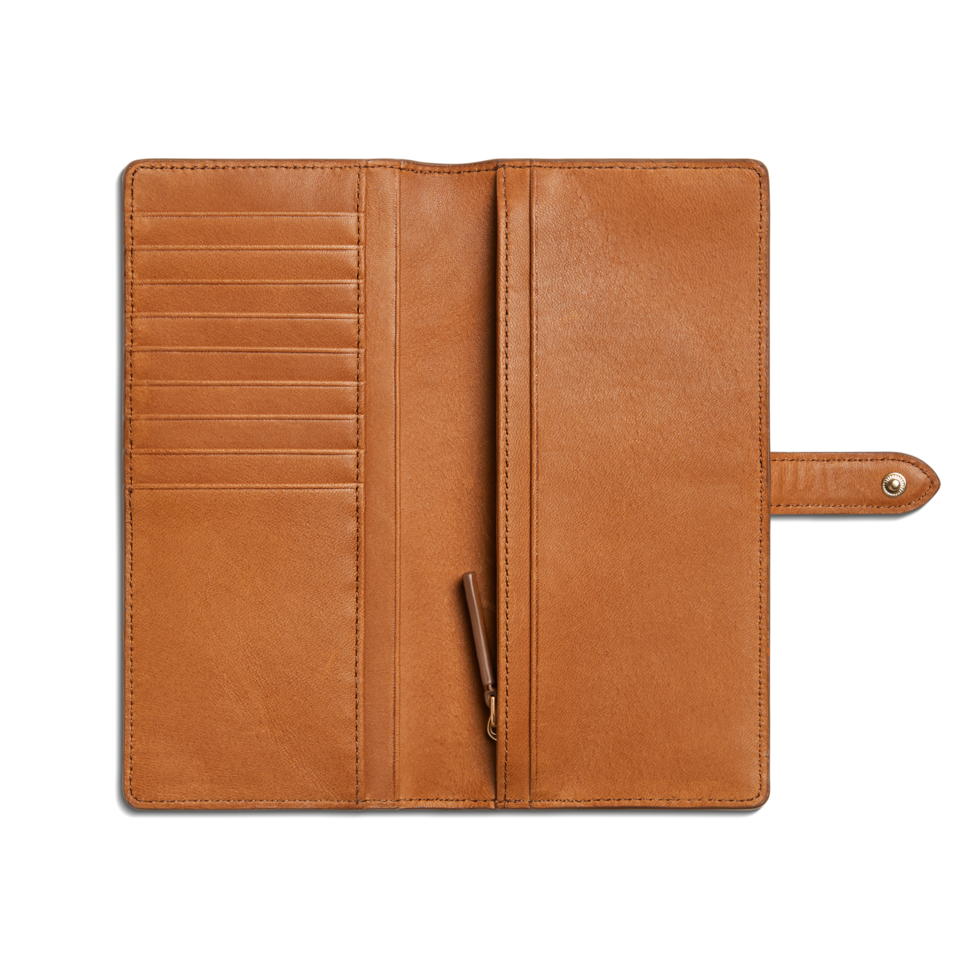 The Shinola Continental Snap Wallet - Tan is crafted from natural leather, offering multiple left card slots, a zippered center compartment, right open pocket, and snap closure for a slim profile.