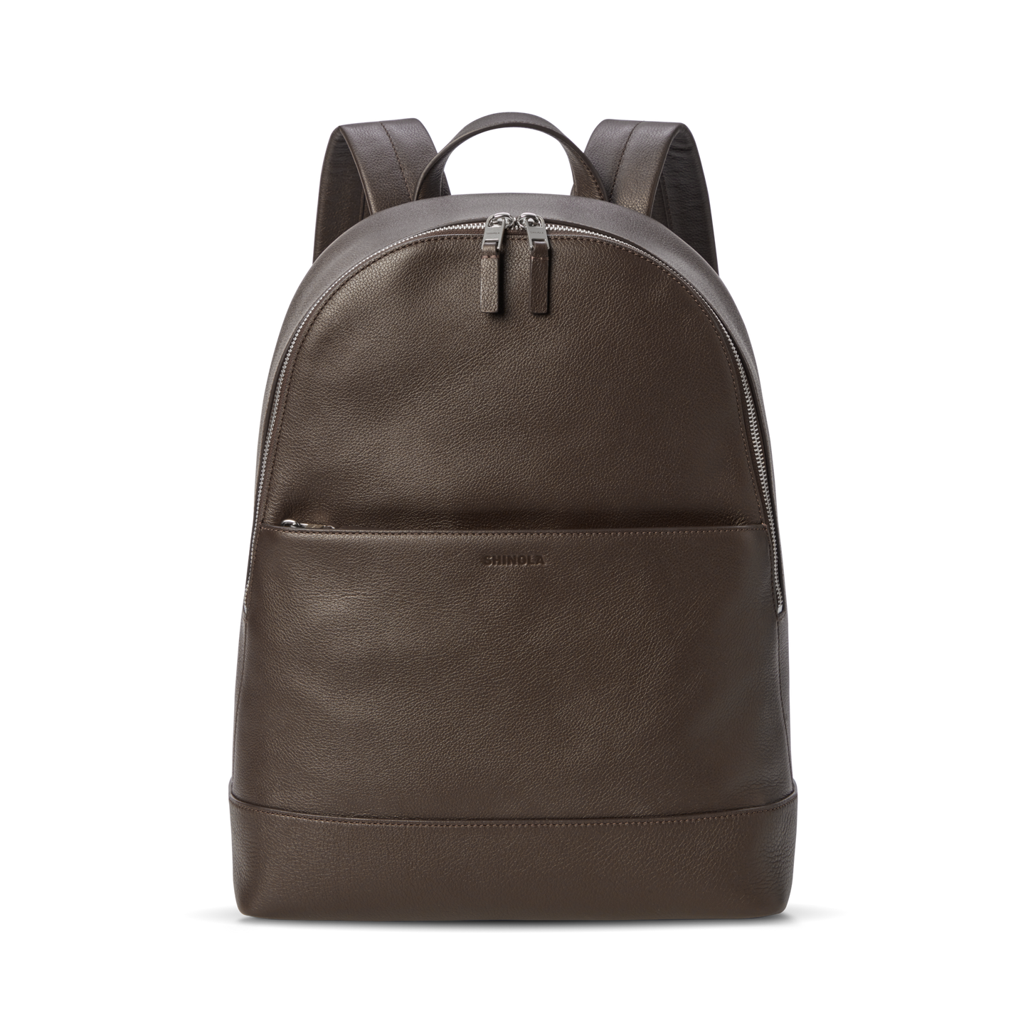 The Shinola Canfield Backpack - Espresso features a front zip pocket, double zipper top closure, and padded shoulder straps. This stylish brown leather laptop backpack is ideal for commuters and shown against a plain white background.