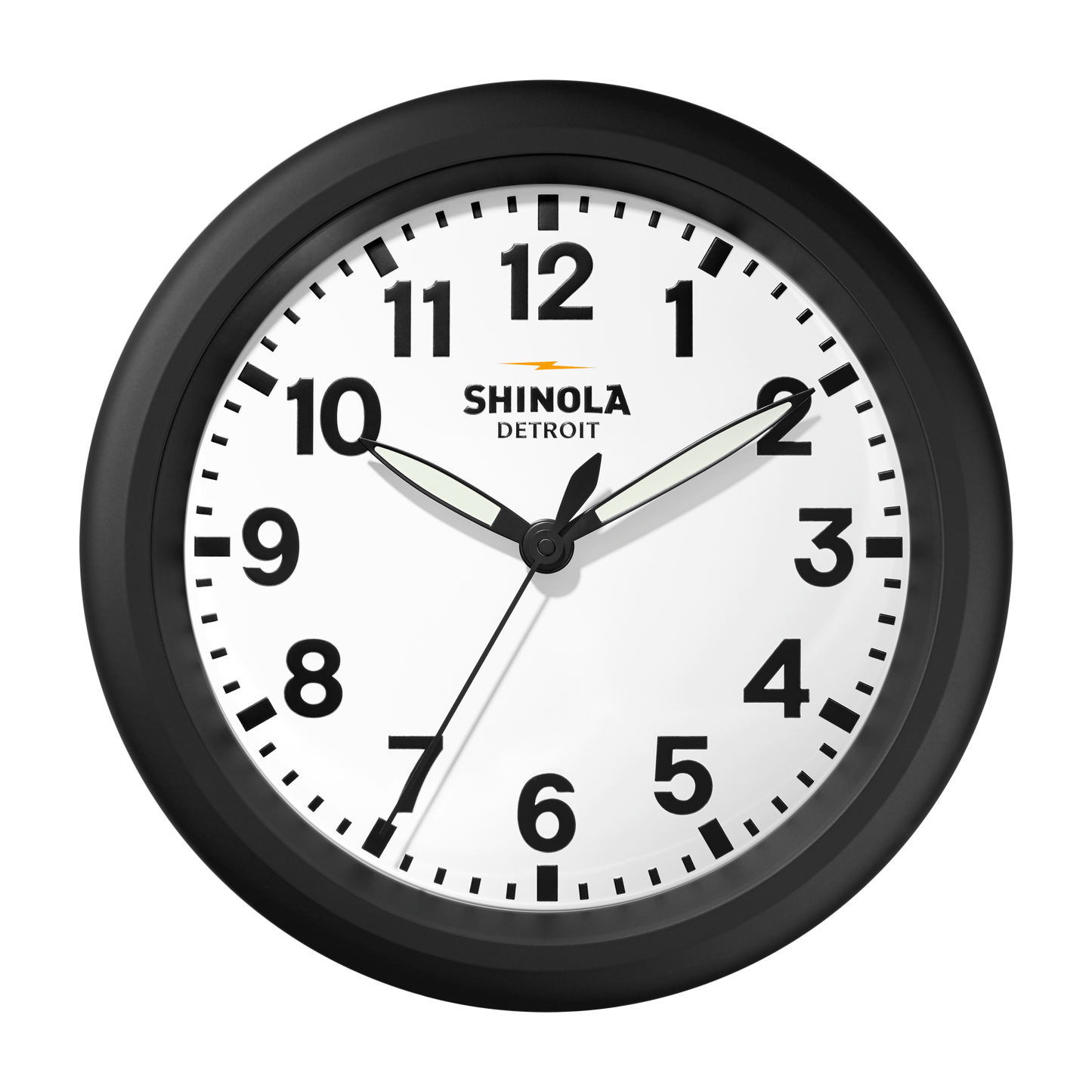 The 14" Runwell Clock - White by Shinola features a black frame, white face, and black hour and minute marks. The time displayed is 1:51:35, with the Shinola brand name below the 12.