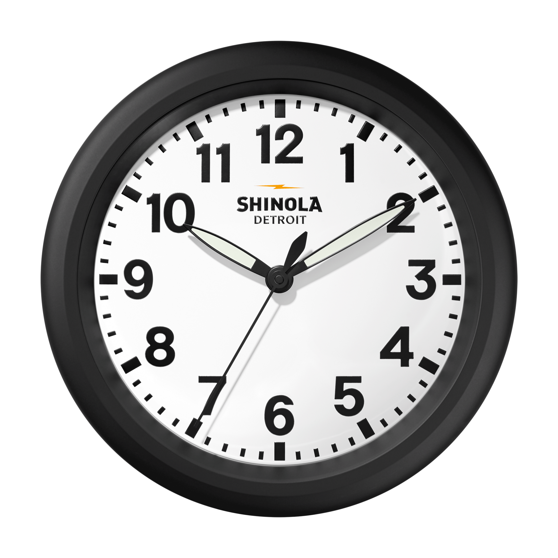 The 14" Runwell Clock - White by Shinola features a black frame, white face, and black hour and minute marks. The time displayed is 1:51:35, with the Shinola brand name below the 12.