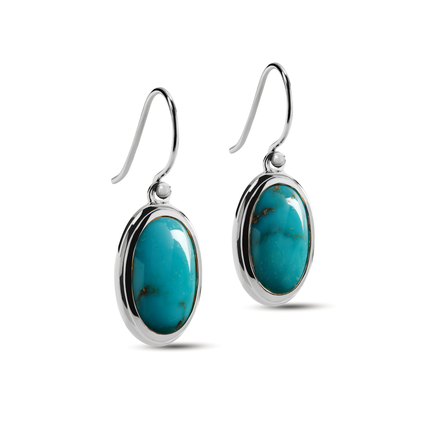 The Shinola Heirloom Drop Turquoise Earrings are sterling silver hook earrings with oval turquoise stones featuring natural veining in a classic bezel setting, shown against a white background.