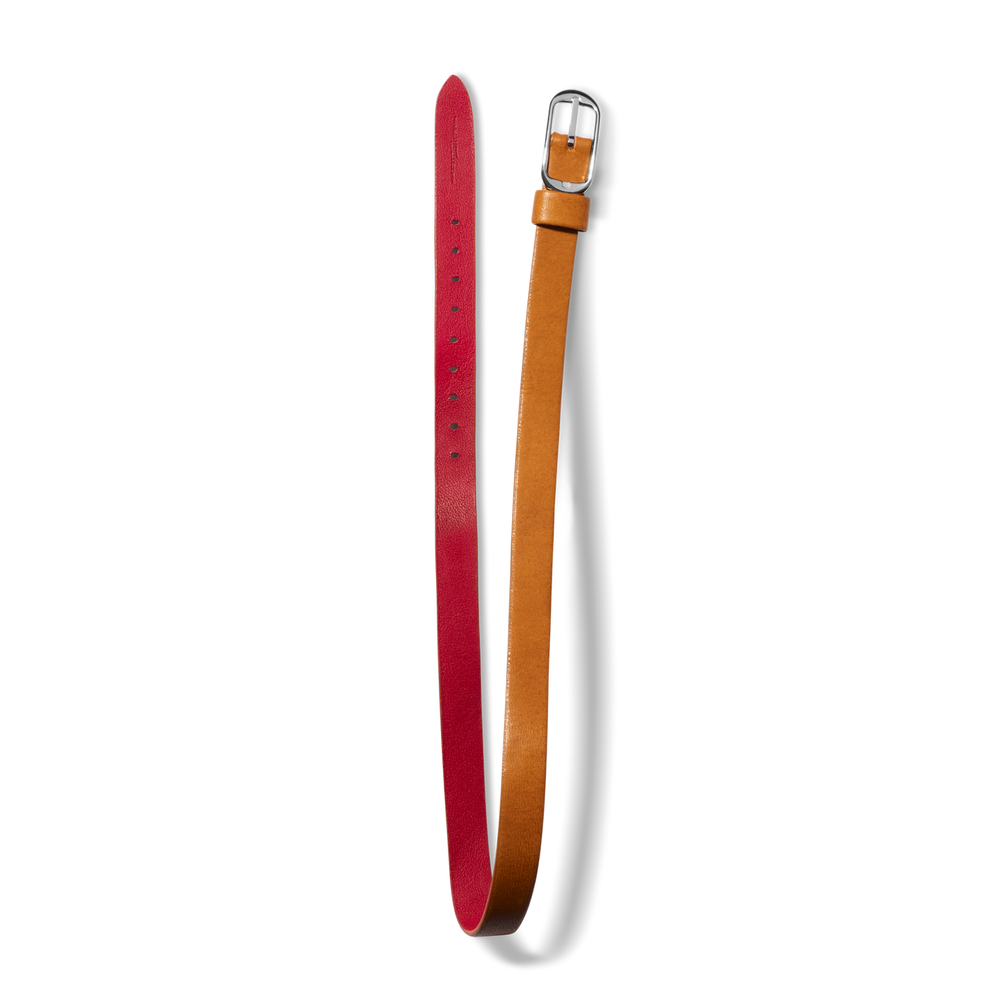 The Shinola Strap: 10/10 Smooth Essex/Montana, StchdFlip, RvsblOval,PoSS - Bourbon / Blush is a leather belt with a silver buckle, tan (bourbon) outer and red (blush) inner sides, shown on a light gray background.