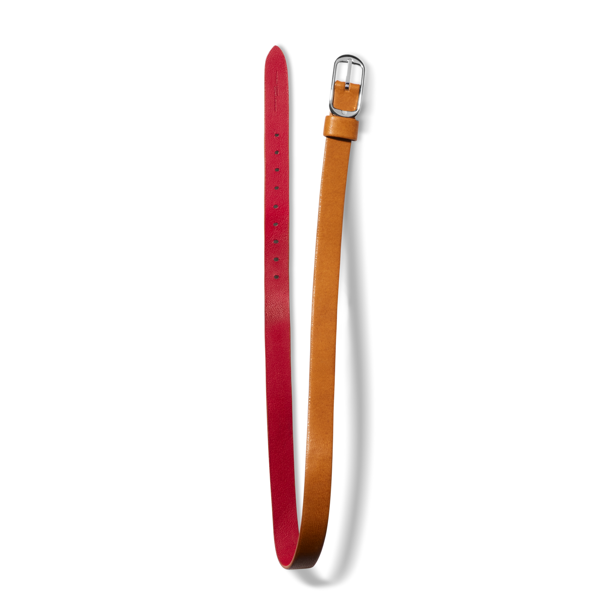 The Shinola Strap: 10/10 Smooth Essex/Montana, StchdFlip, RvsblOval,PoSS - Bourbon / Blush is a leather belt with a silver buckle, tan (bourbon) outer and red (blush) inner sides, shown on a light gray background.