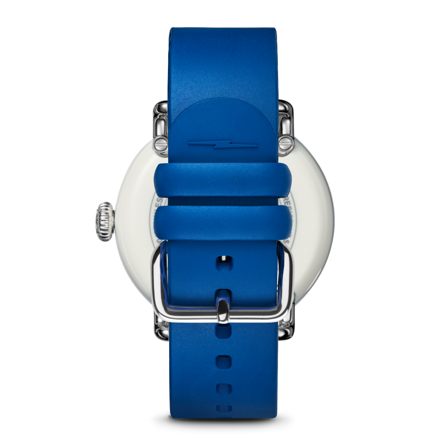 The Shinola Detrola Watch - Blue features a silver buckle and crown, showcased from the back to reveal its modern strap design and part of the round case.