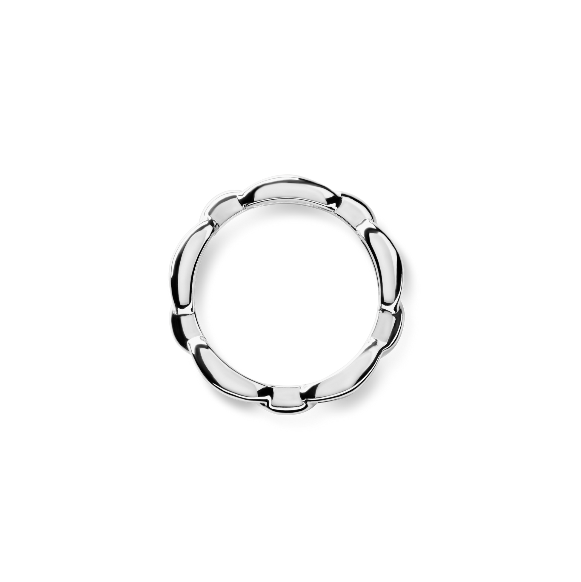 The Shinola Signature Link Ring in sterling silver features a scalloped, petal-inspired design around the band, shown on a plain white background.