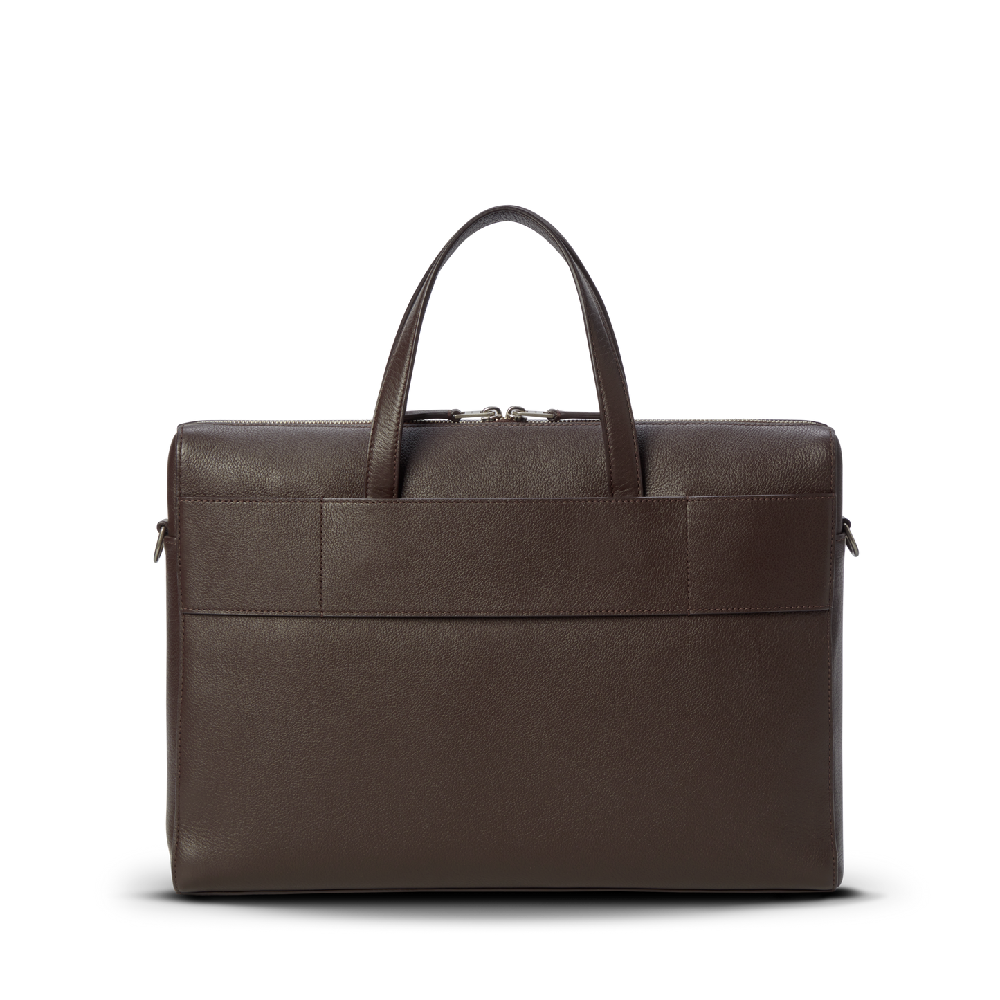 The Shinola Canfield Briefcase - Espresso features pebbled leather, dual handles, a top zipper, and a front pocket—a sleek brown accessory shown on a plain white background.