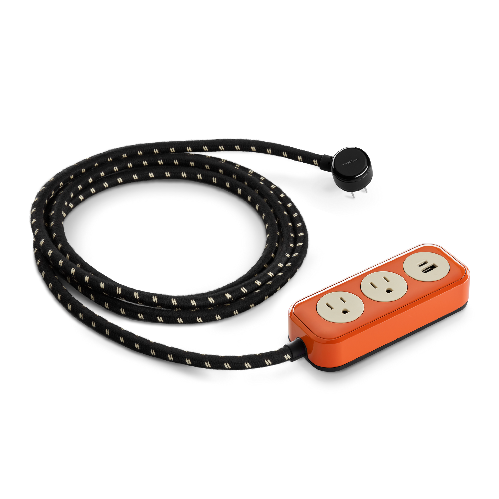 The Shinola 2 Port Power Supply - Tangerine is a power strip with an orange rectangular base, two standard outlets, USB-A and USB-C quick-charging ports, and a long braided cord with a round black plug.