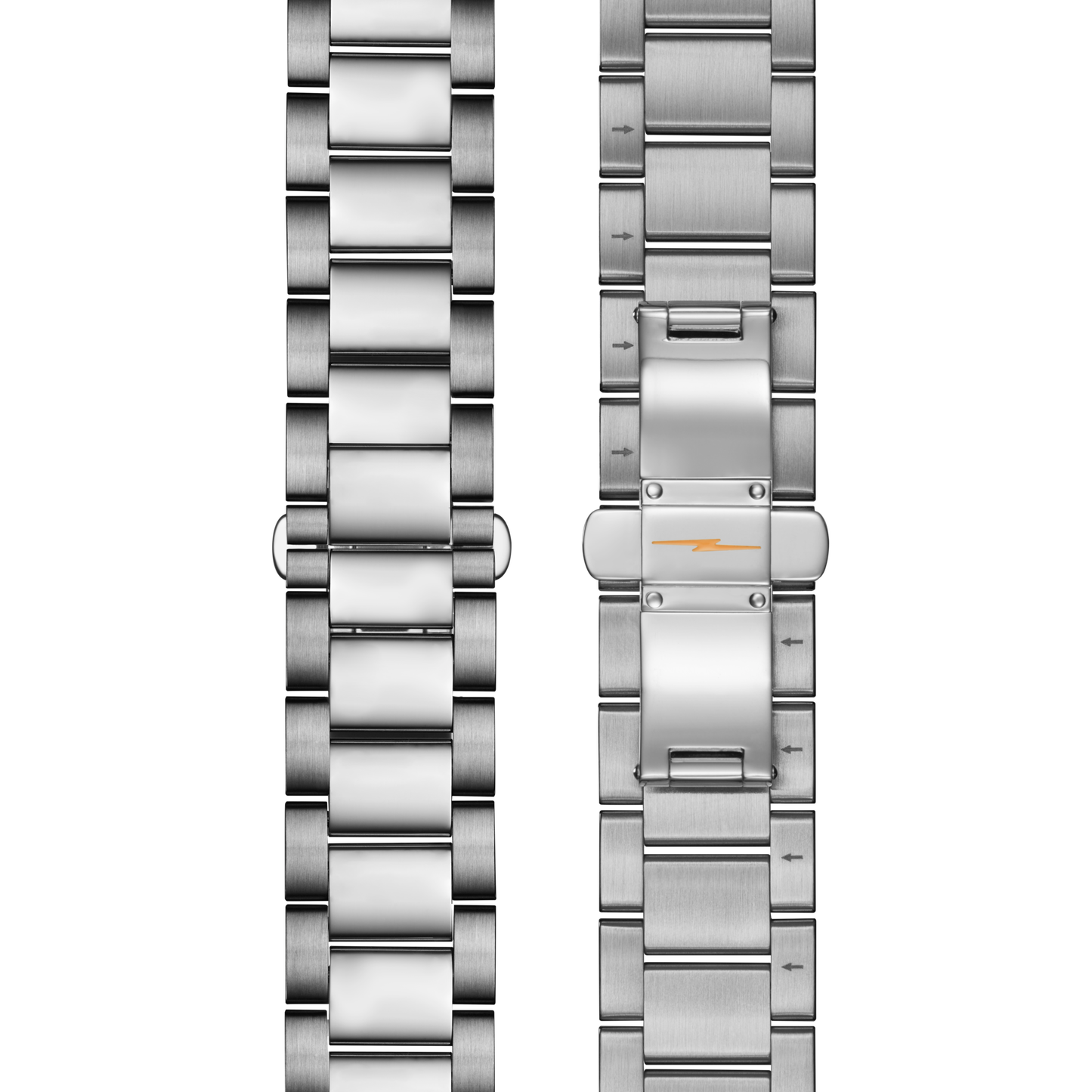 Two Shinola 20mm Stainless Steel 3-Link Bracelets are shown side by side on a white background, one displaying the front links and the other highlighting the clasp with a small lightning bolt symbol.