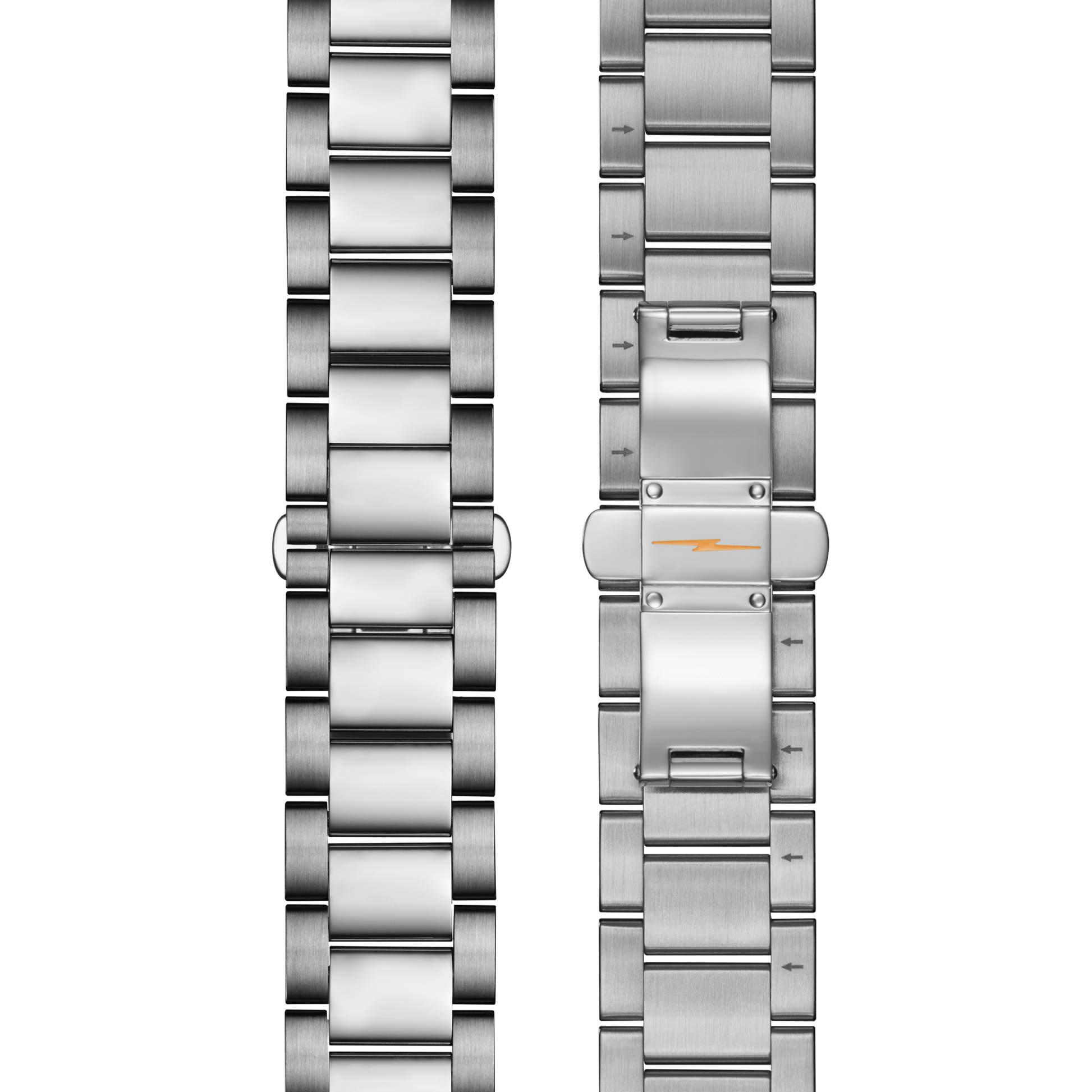 Two Shinola 20mm Stainless Steel 3-Link Bracelets are shown side by side on a white background, one displaying the front links and the other highlighting the clasp with a small lightning bolt symbol.